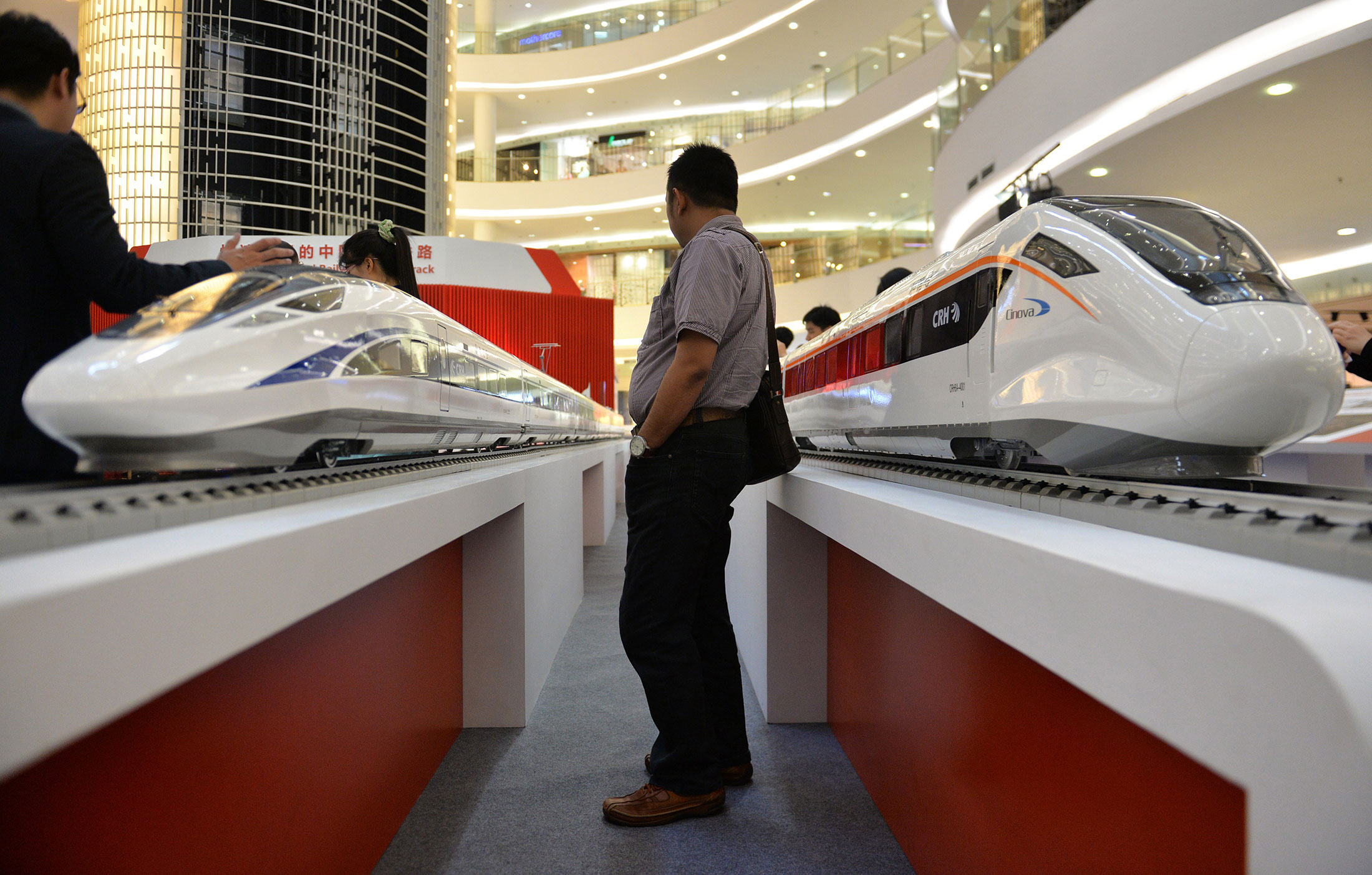 Scale models of Chinese-made bullet trains on exhibition at a shopping mall in Jakarta.

