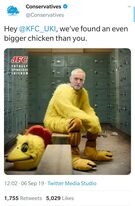 Tweet from @Conservatives with an image of Jeremy Corbyn's head photoshopped in a chicken suit.