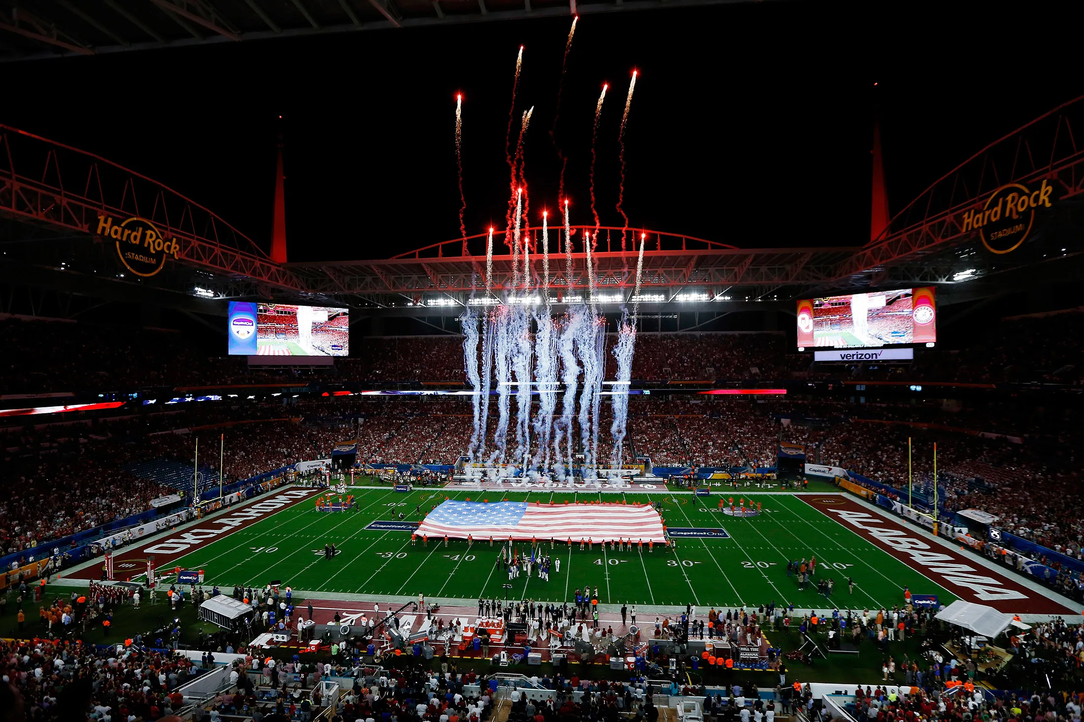 Pregame ceremonies take place for the College Football Playoff Semifinal between the Alabama Crimson Tide and the Oklahoma Sooners at the Capital One Orange Bowl at Hard Rock Stadium on Dec.&nbsp;29, 2018 in Miami, Florida.&nbsp;