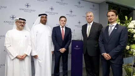 Prince Andrew, second right, attends the official opening of the Anglo-Gulf Trade Bank headquarters in Abu Dhabi in October 2018.