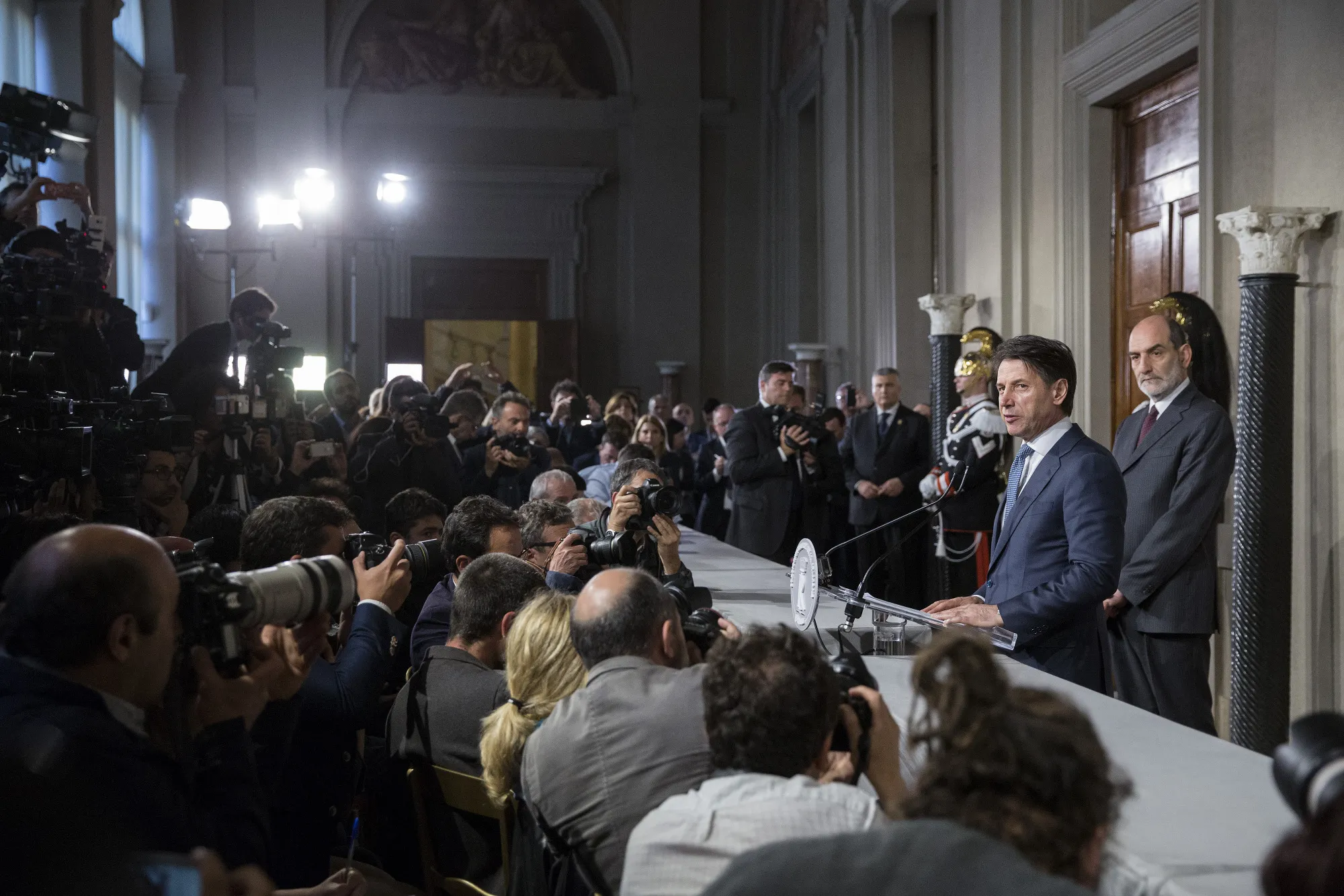 Giuseppe Conte speaks during a news conference in Rome, Italy on May 23.