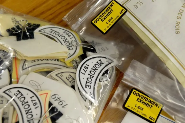 Wine labels bagged as evidence in the trial of wine dealer Rudy Kurniawan