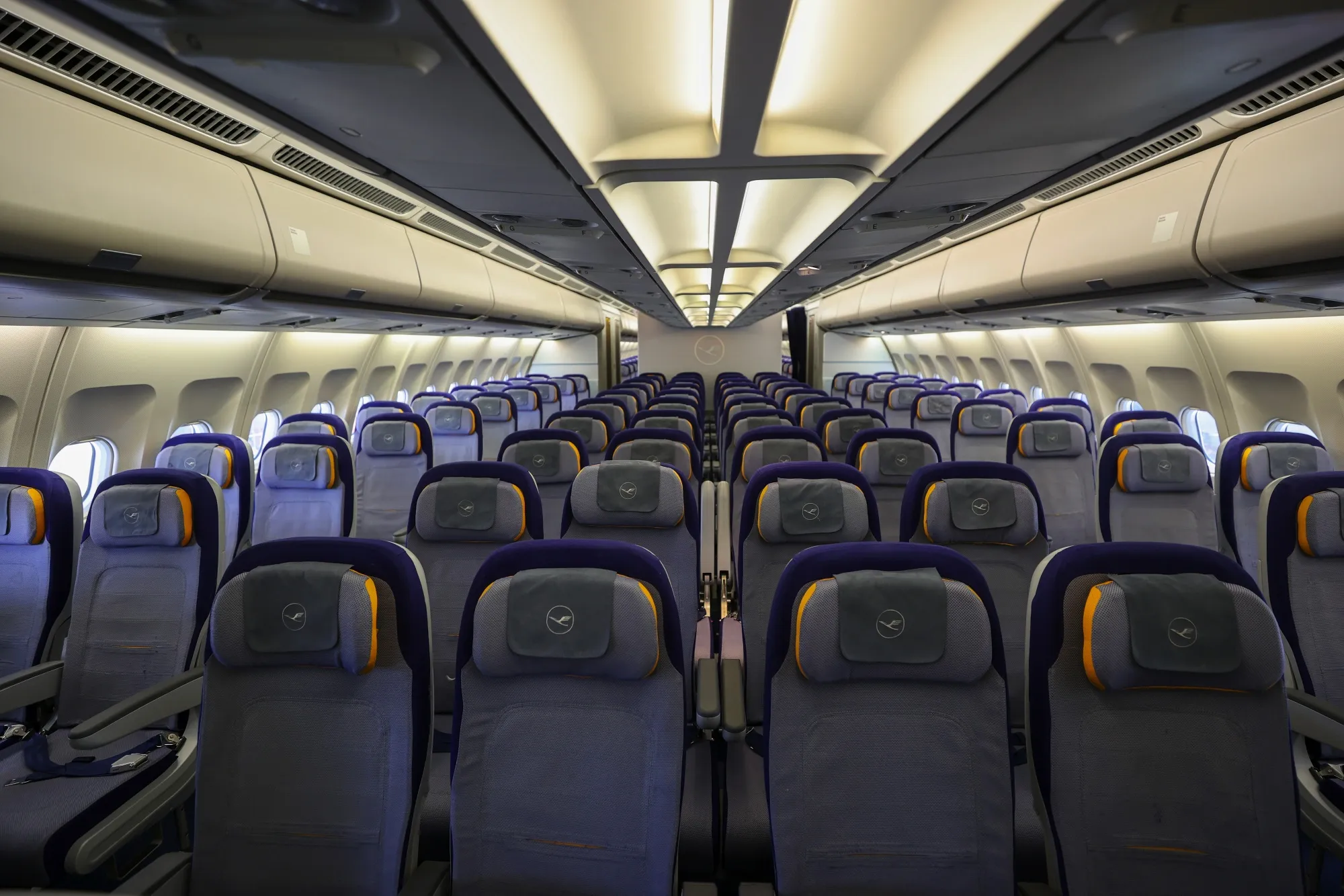 Empty seats on an&nbsp;Airbus SE A340 aircraft, operated by Deutsche Lufthansa AG in Frankfurt, Germany.