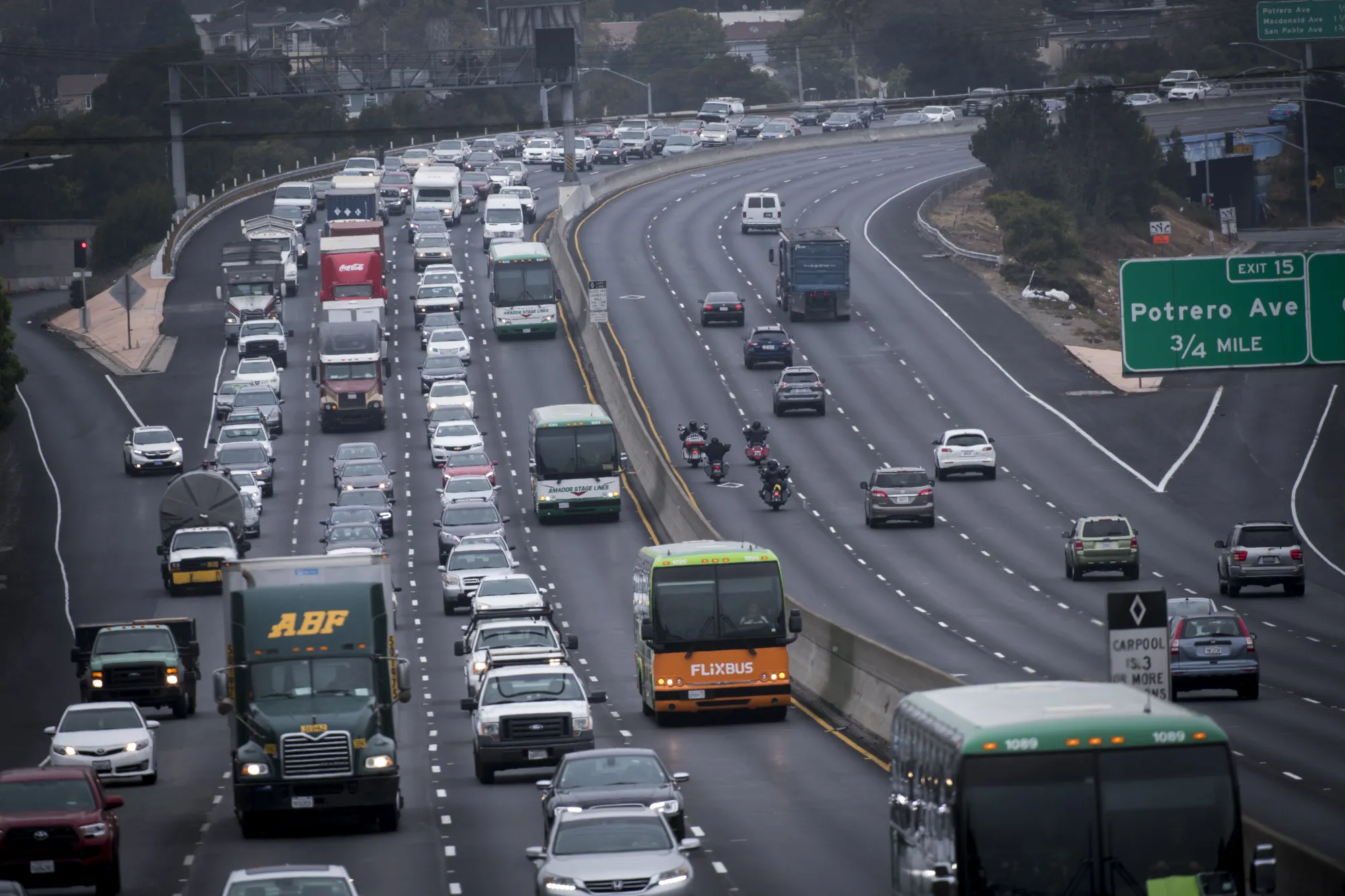 Vehicles in traffic travel along westbound on Interstate 80 in San Pablo, California, U.S., on Thursday, Sept. 27, 2018.