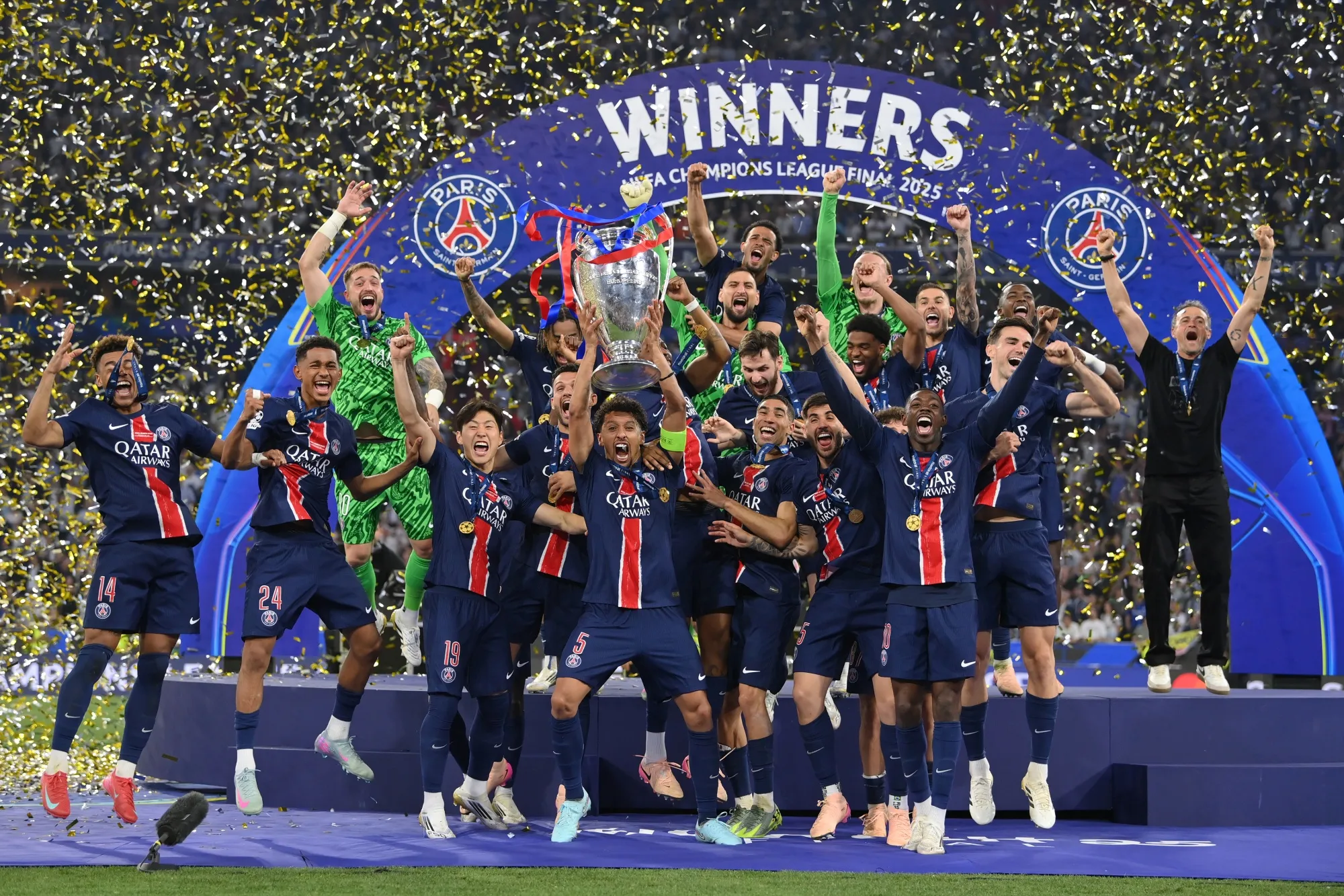 Paris Saint-Germain celebrate winning the UEFA Champions League in Munich, on May 31.