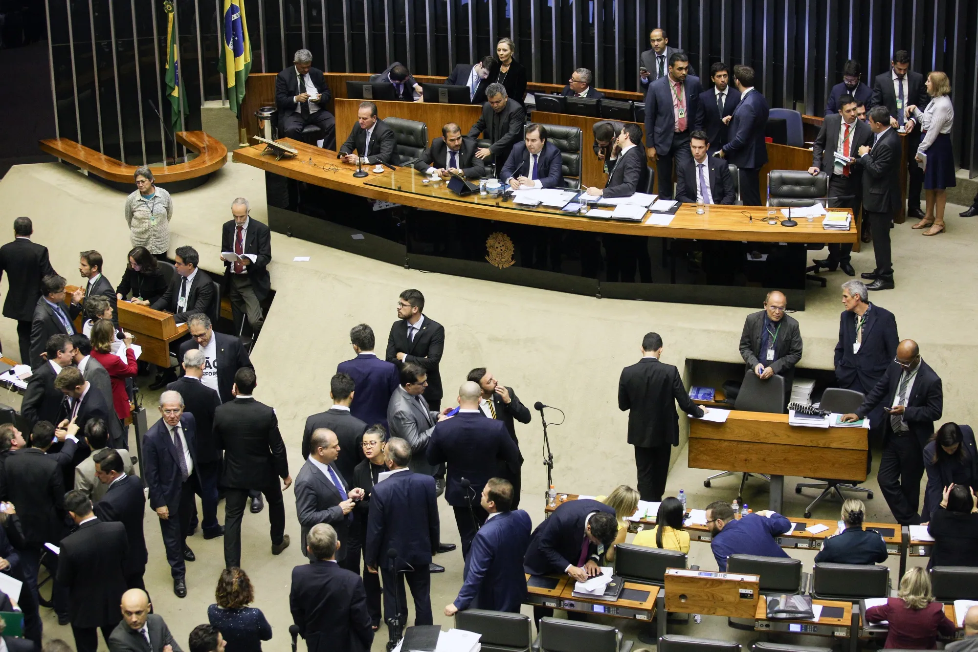 Rodrigo Maia, Brazil’s house speaker, top center, and other lawmakers attend a session in the lower house