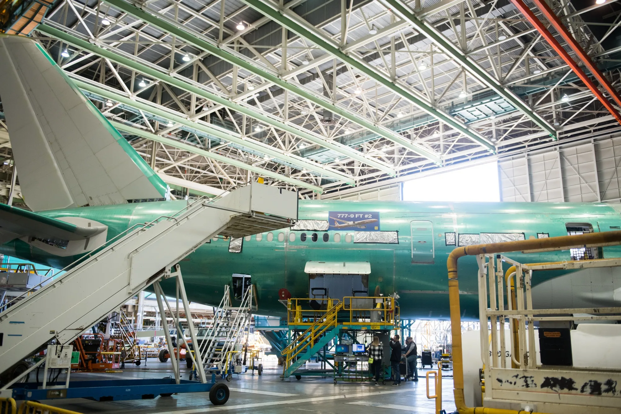 A Boeing 777-9 airplane on the assembly plant in Everett, on March 6.