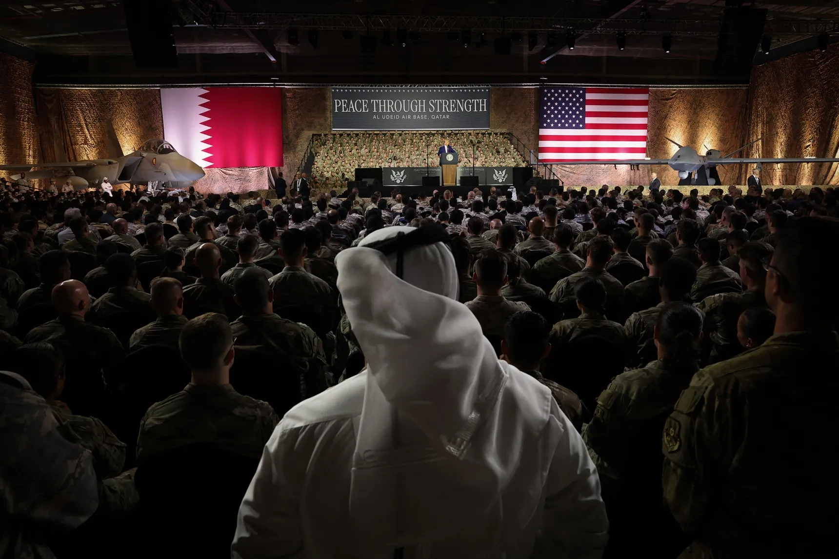 US President Donald Trump delivers remarks at the Al Udeid Air Base&nbsp;in Doha in May 15.