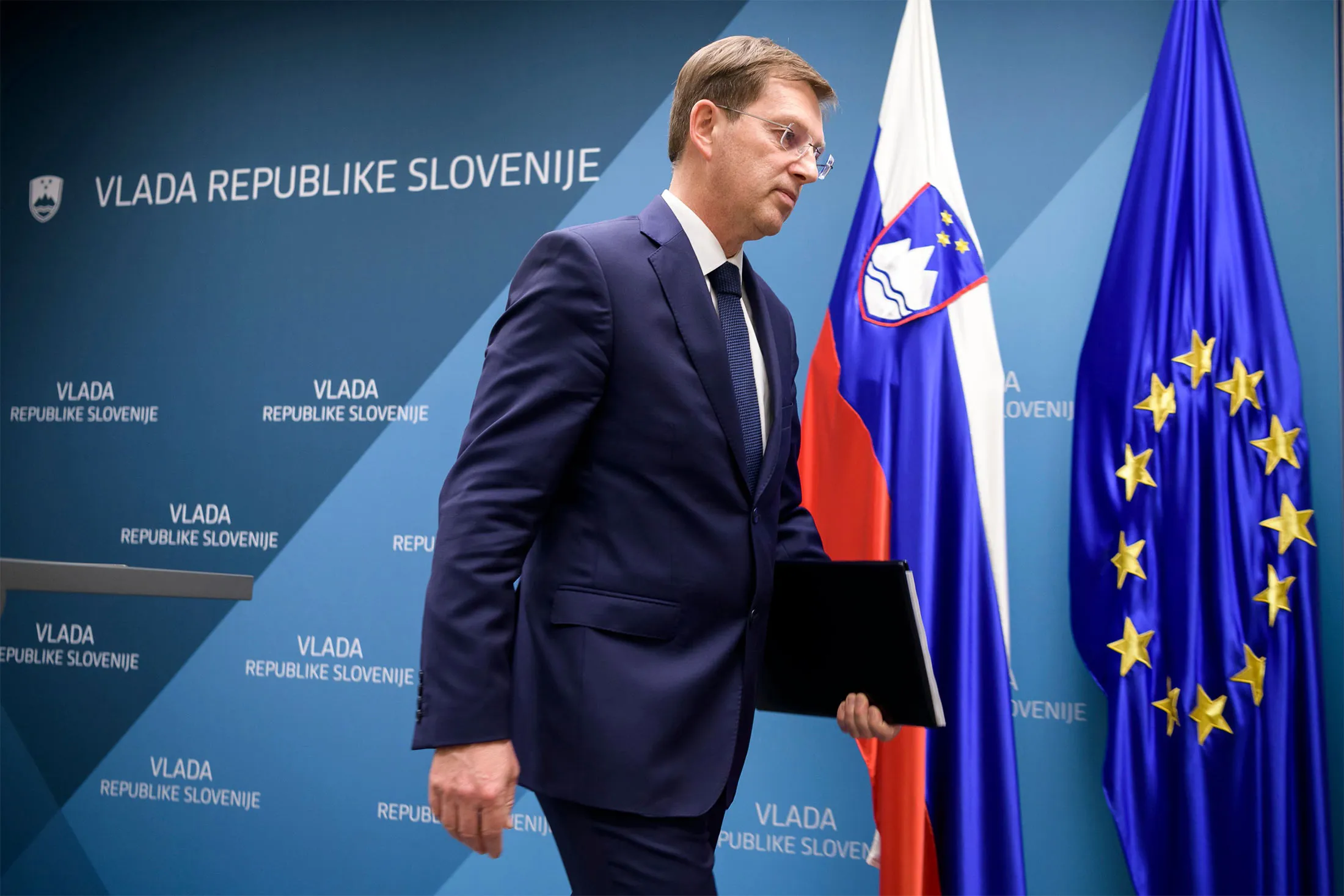 Slovenian Prime Minister Miro Cerar leaves a press conference in Ljubljana, Slovenia on March 14, after resigning his position.&nbsp;