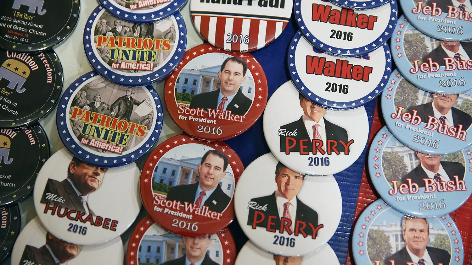 A vendor sell campaign buttons at the Point of Grace Church before the start of the Iowa Faith and Freedom Coalition 2015 Spring Kickoff on April 25, 2015 in Waukee, Iowa.
