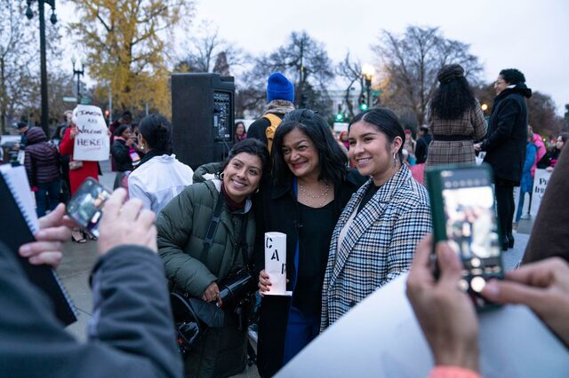 Representative Pramila Jayapal, a Democrat from Washington, takes a photo with attendees during a rally in support of DACA outside of the Supreme Court in Washington, D.C., US, on Tuesday, December 6, 2022.