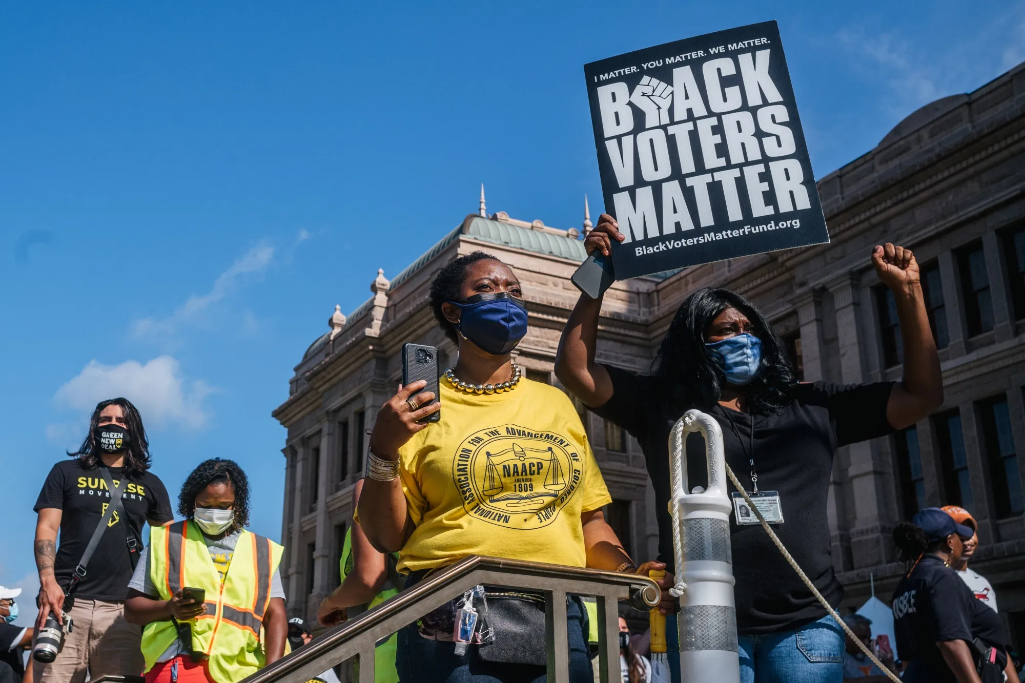 Demonstrators rally&nbsp;at the Texas state Capitol demanding federal action on voting rights legislation. Both the&nbsp;Freedom to Vote Act and the John Lewis Voting Rights Advancement Act are pending now in Congress, but have been blocked by the filibuster.&nbsp;