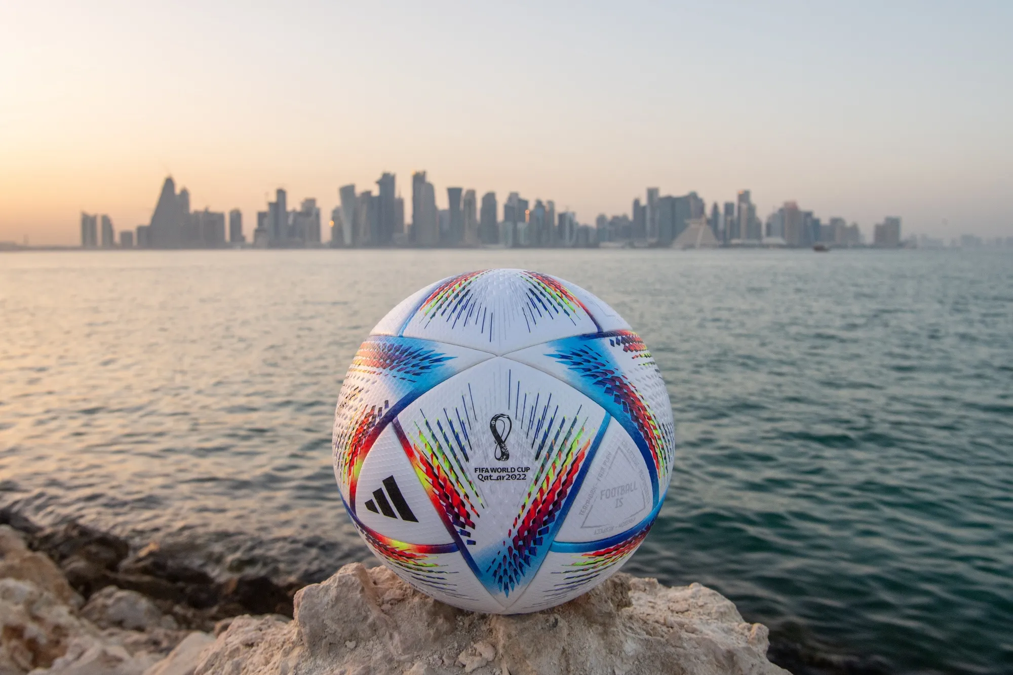 The official FIFA World Cup Qatar 2022 ball&nbsp;&nbsp;in front of the skyline of Doha, Qatar.