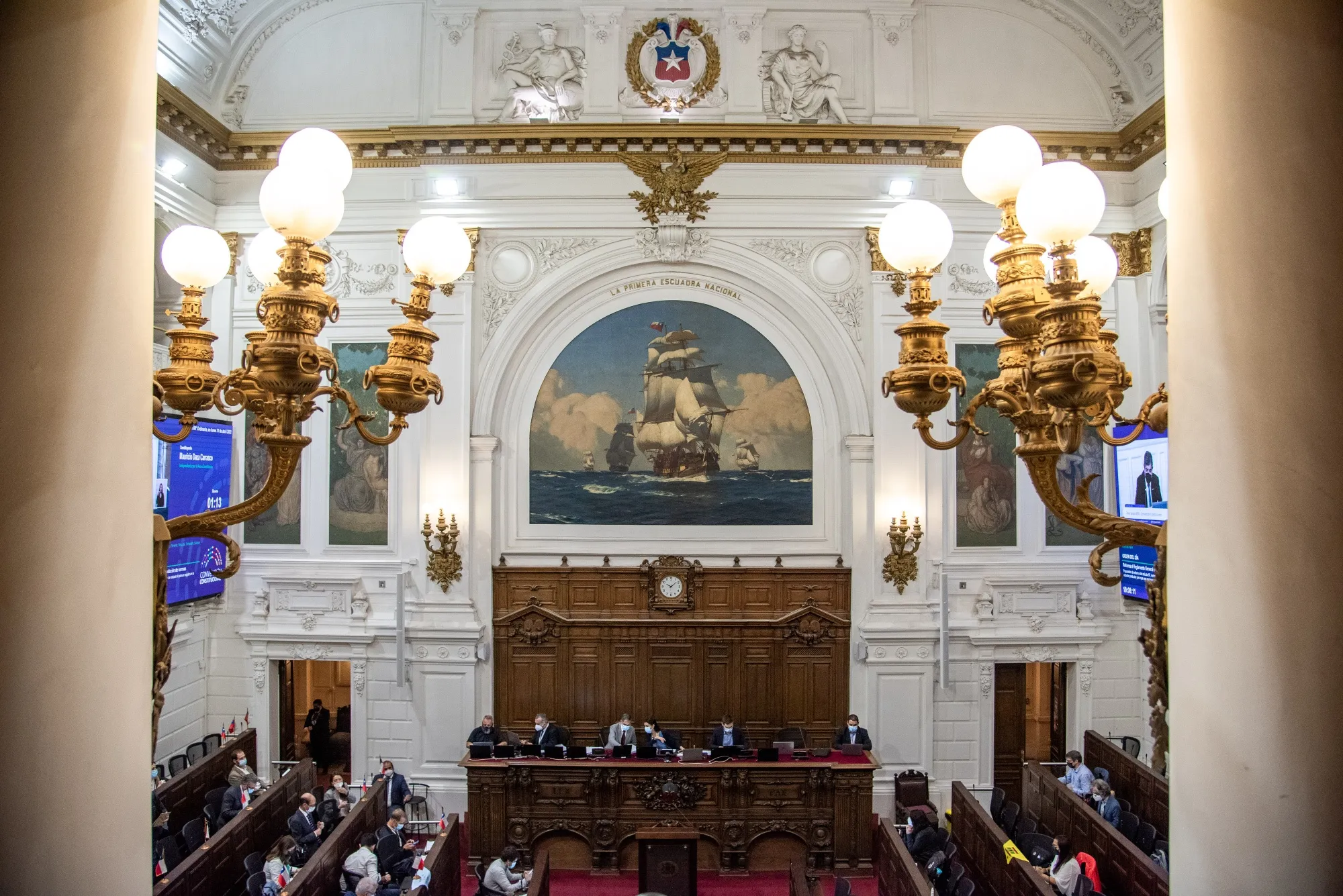 Lawmakers attend a meeting of the Constitutional Convention at the former Chilean National Congress in Santiago, Chile, on Monday, April 11, 2022.&nbsp;