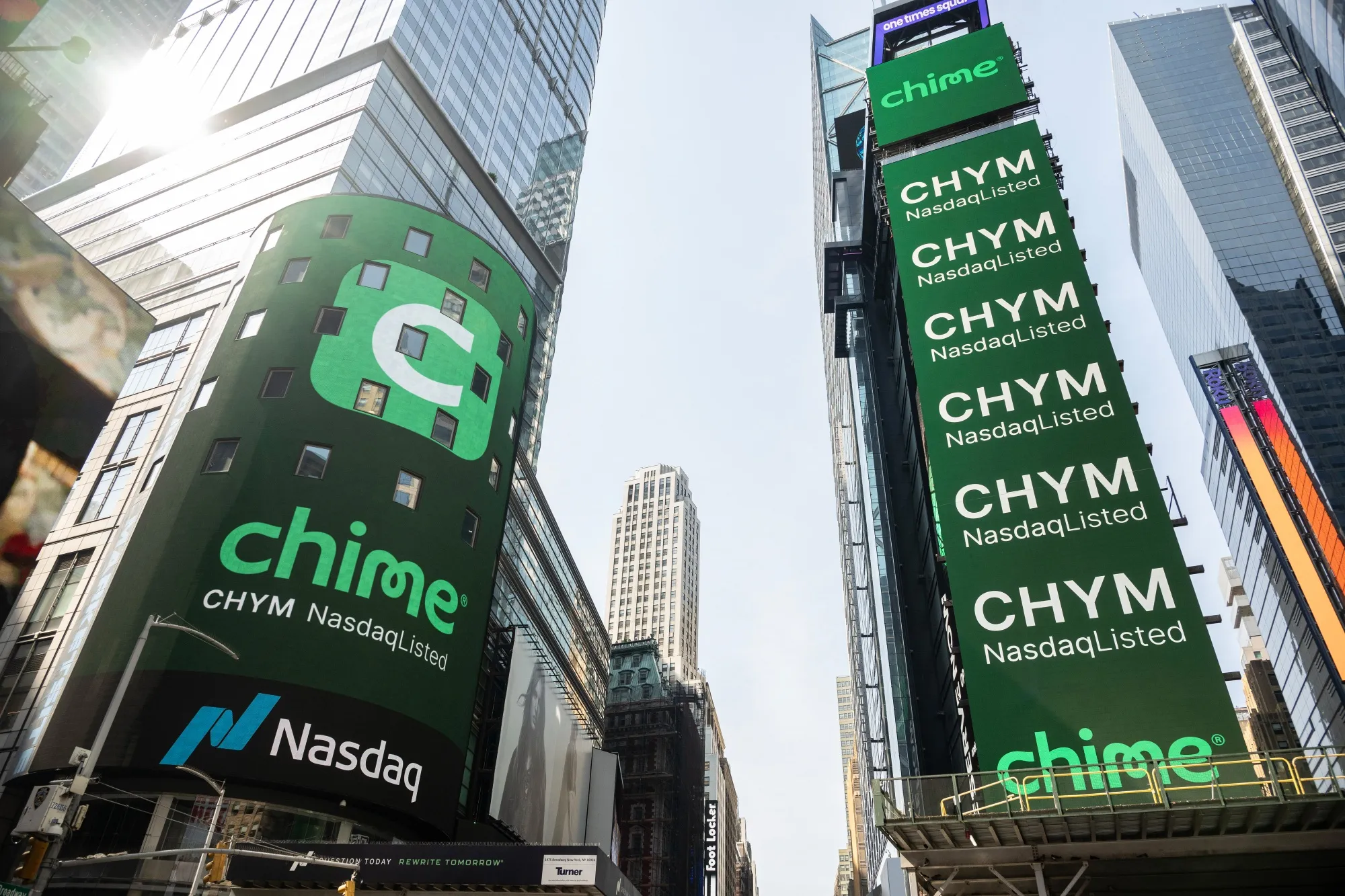 Chime Financial signage during the company's IPO&nbsp;at the Nasdaq MarketSite in New York, on June 12.