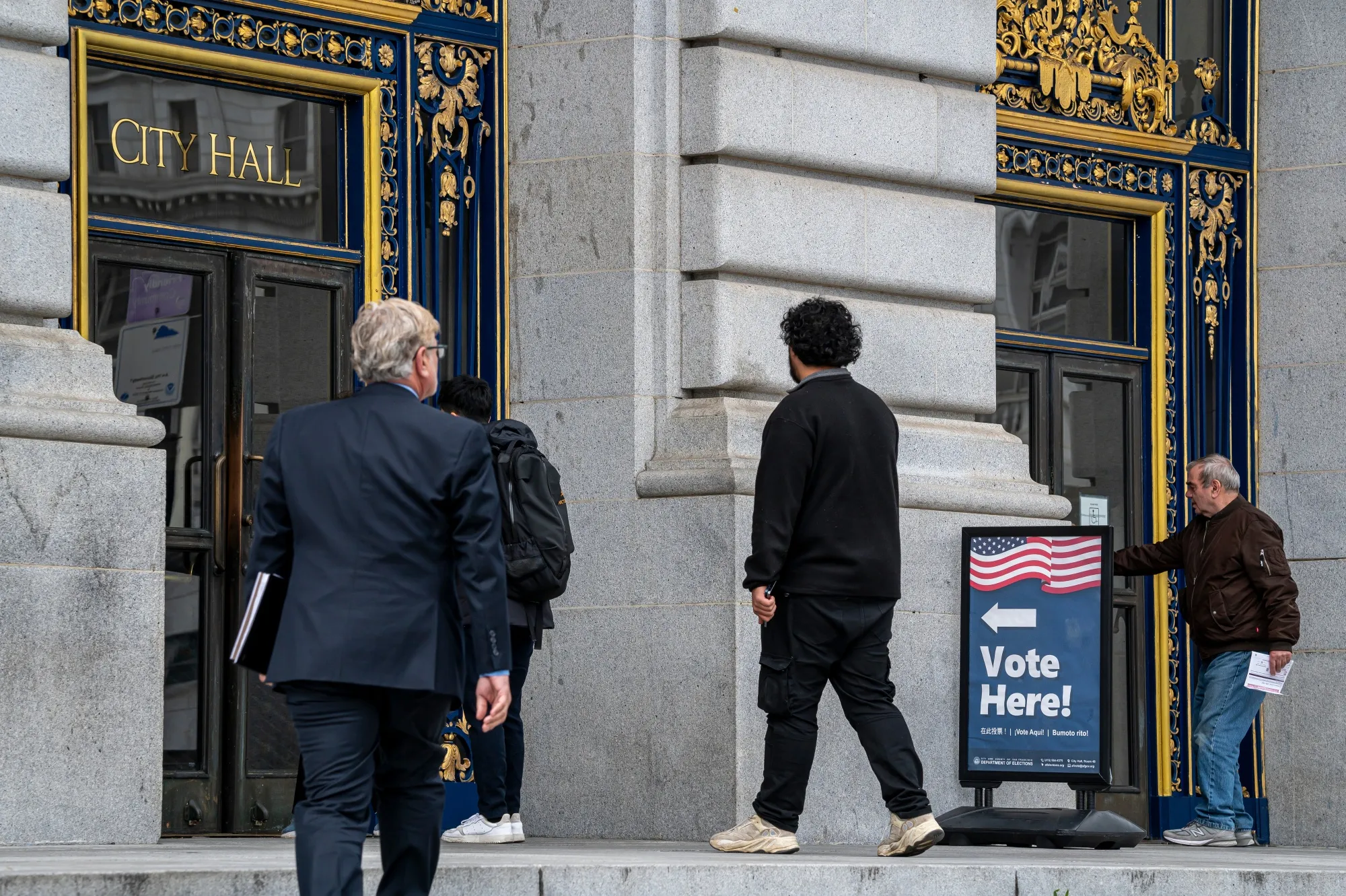 Signage outside San Francisco City Hall during the March 2024 Super Tuesday primaries.