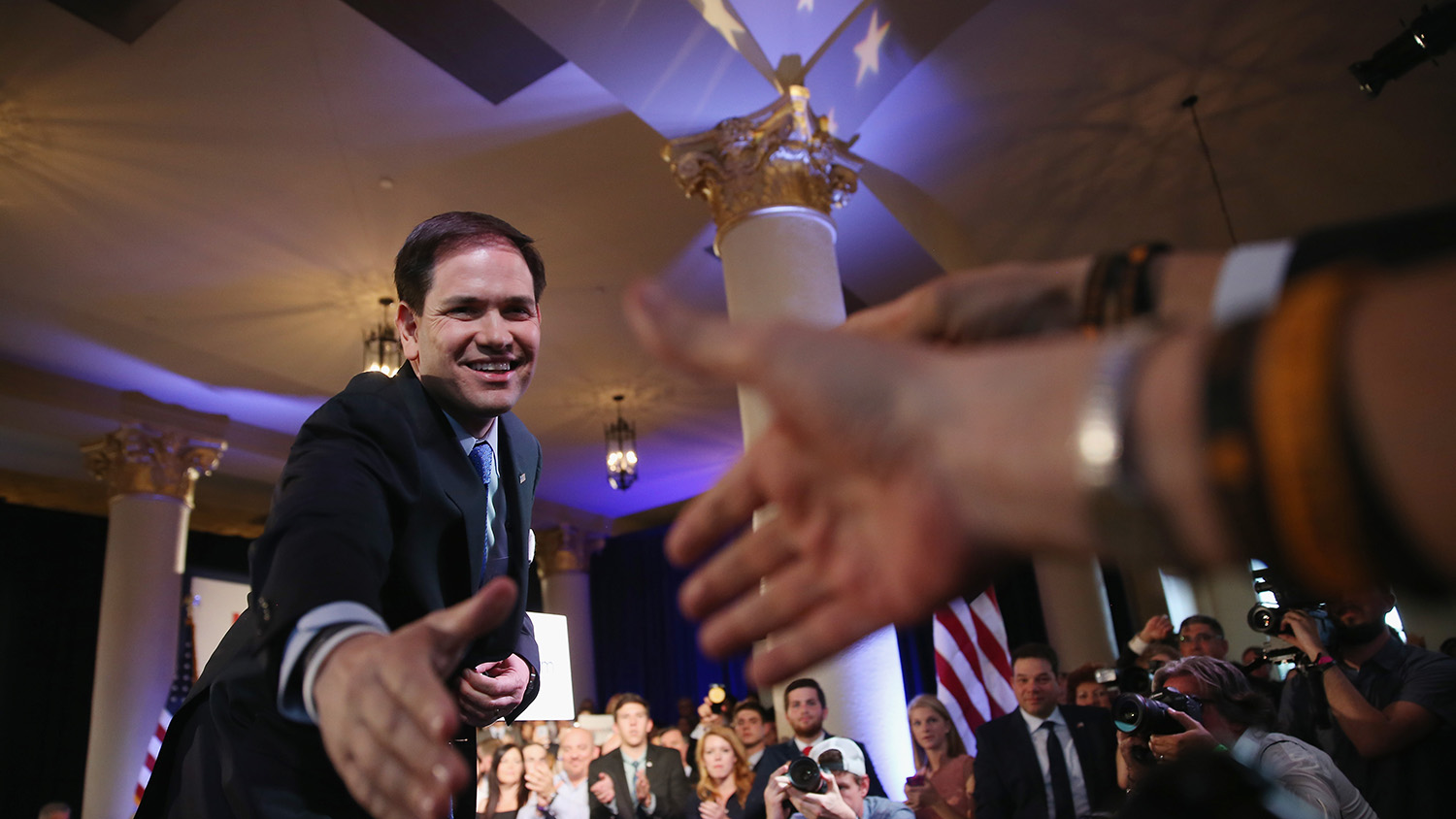 MIAMI, FL - APRIL 13: U.S. Sen. Marco Rubio (R-FL) greets people after anounncing his candidacy for the Republican presidential nomination during an event at the Freedom Tower on April 13, 2015 in Miami, Florida. Rubio is one of three Republican candidates to announce their plans on running against the Democratic challenger for the White House.
