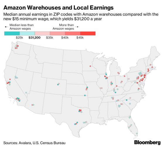 New Amazon Minimum Wage Is Below Median Pay in Most Areas