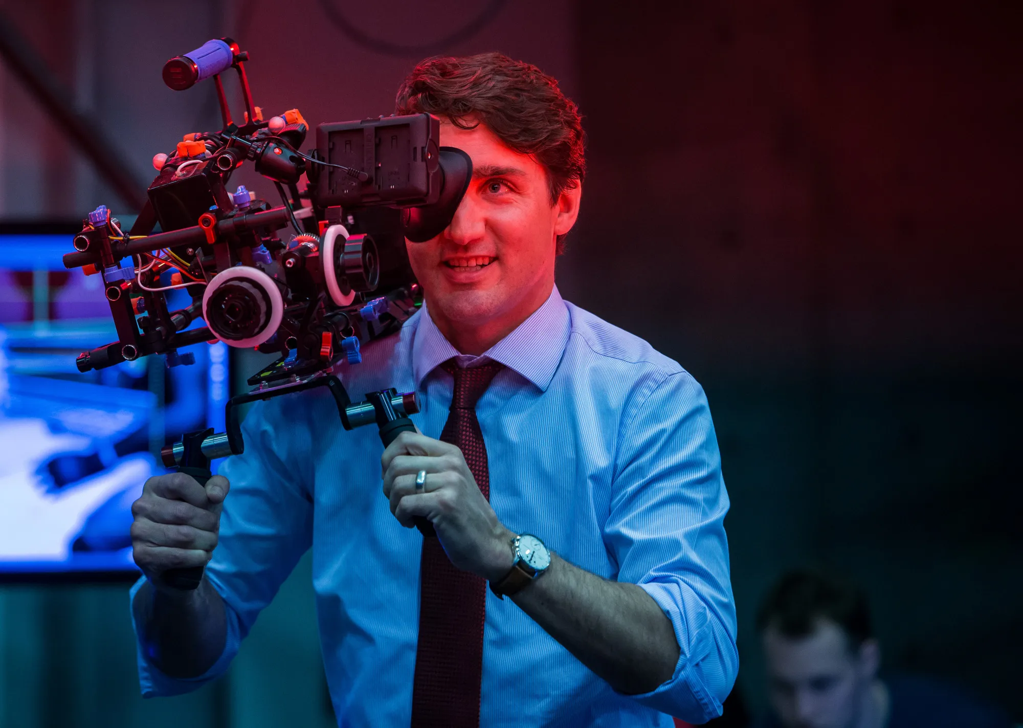 Justin Trudeau films a motion capture scene during a visit to the Electronic Arts Canada lab in Burnaby, British Columbia.