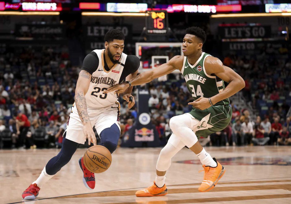 New Orleans Pelicans forward Anthony Davis drives past Milwaukee Bucks forward Giannis Antetokounmpo during the first quarter of a game at the Smoothie King Center in New Orleans on March 12.