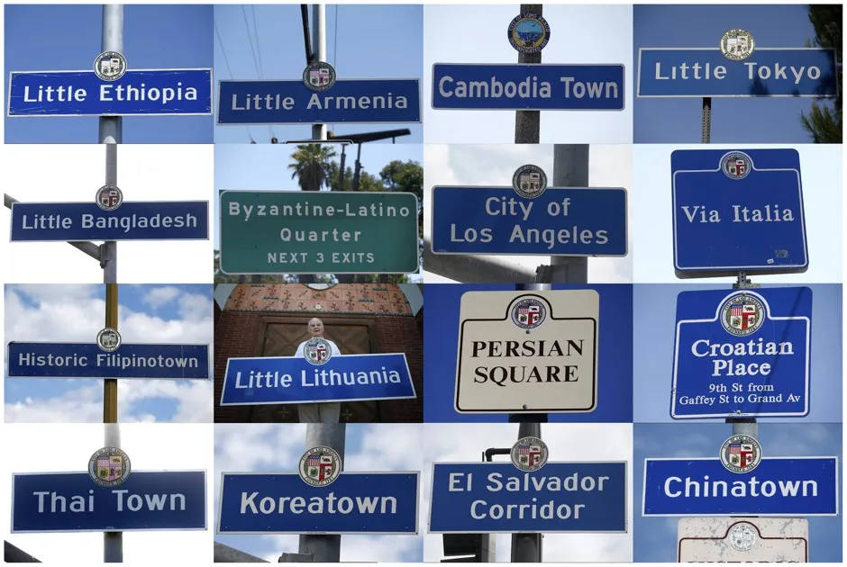 Signs of immigrant neighborhoods in the Los Angeles areas. 