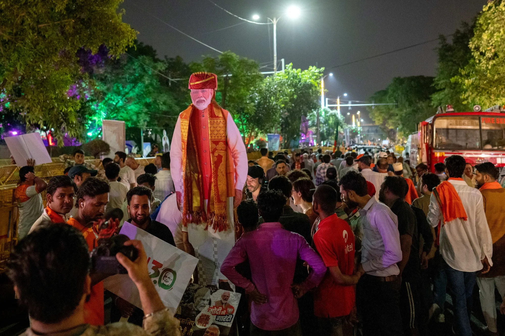 Supporters of the Bhartiya Janata Party (BJP) celebrate outside the headquarters during election results night in New Delhi, India, on Tuesday, June 4, 2024. More than 20 opposition parties, spearheaded by Rahul Gandhi, formed a united front in a bid to stop Prime Minister Narendra Modi's once-dominant electoral machine.
