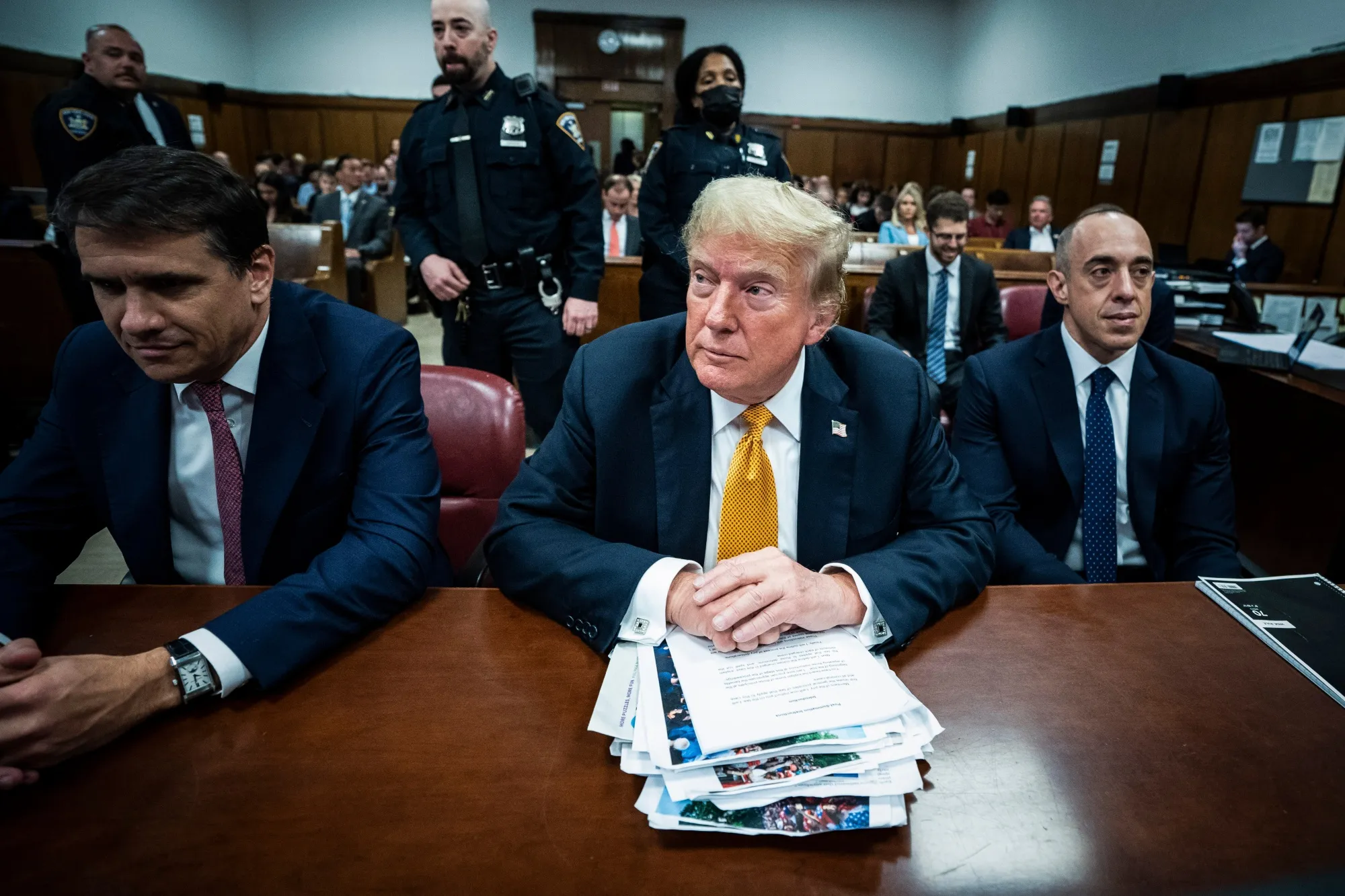 Todd Blanche,&nbsp;from left,&nbsp;Donald Trump, and Emil Bove at Manhattan criminal court in New York in 2024.&nbsp;