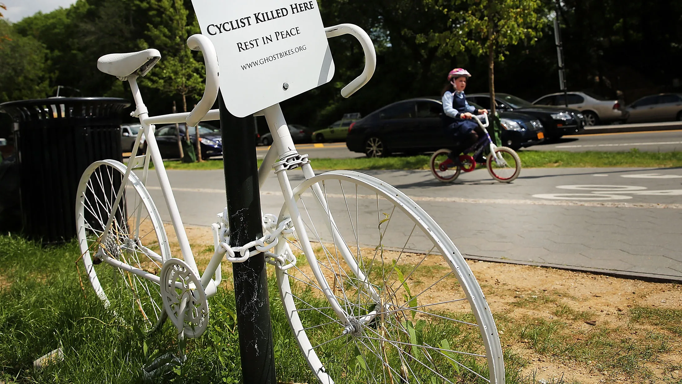 A Ghost Bike, used to signify a fatality involving a bicycle, in the Brooklyn borough of New York City.
