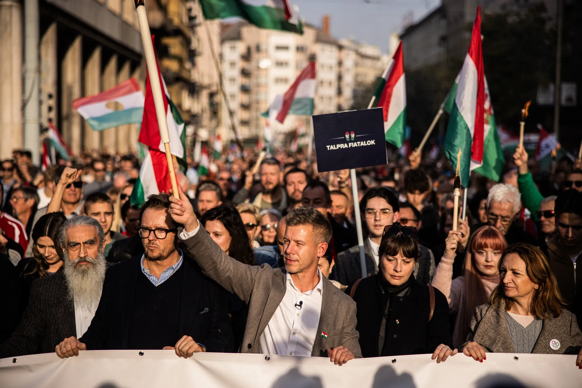 Peter Magyar with opposition supporters in Budapest, on Oct. 23.