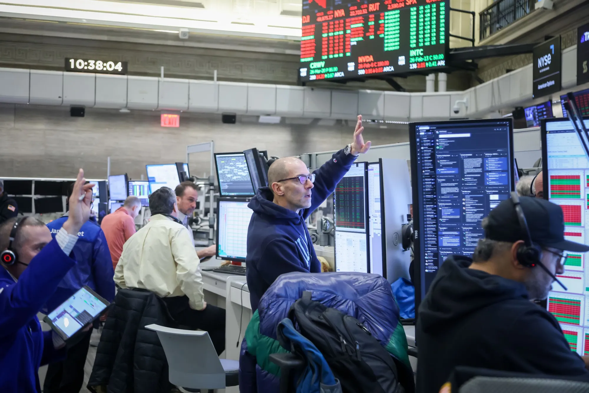 Traders On The Floor Of The New York Stock Exchange As Stocks Hit By Software Selloff