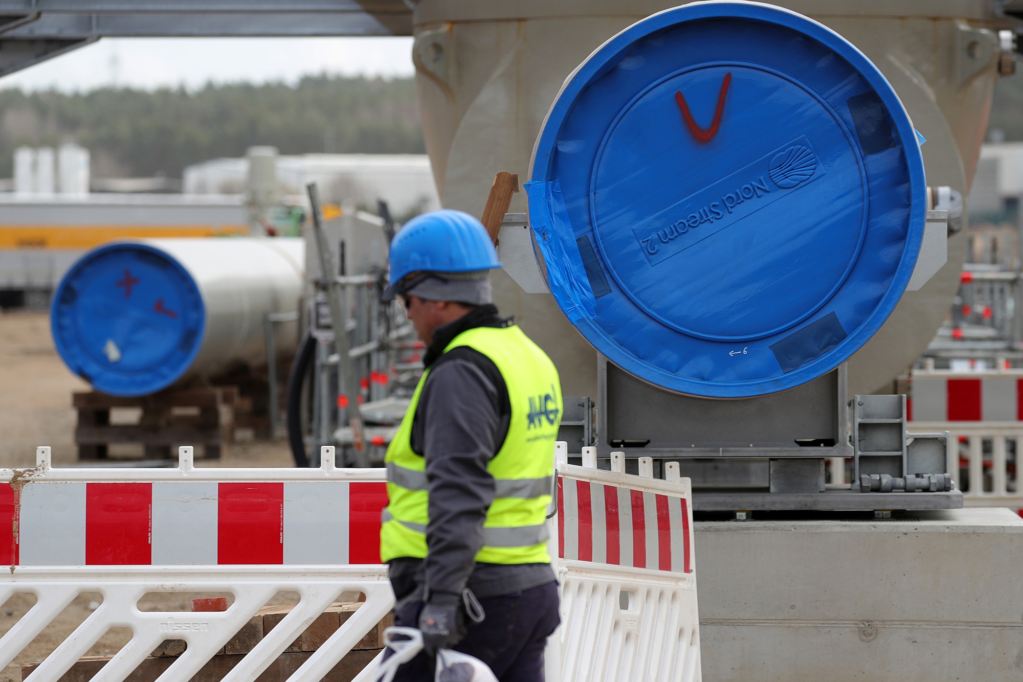A section of pipe at the landing site of Nord Stream 2 gas pipeline, operated by Gazprom PJSC, in Lubmin, Germany.&nbsp;