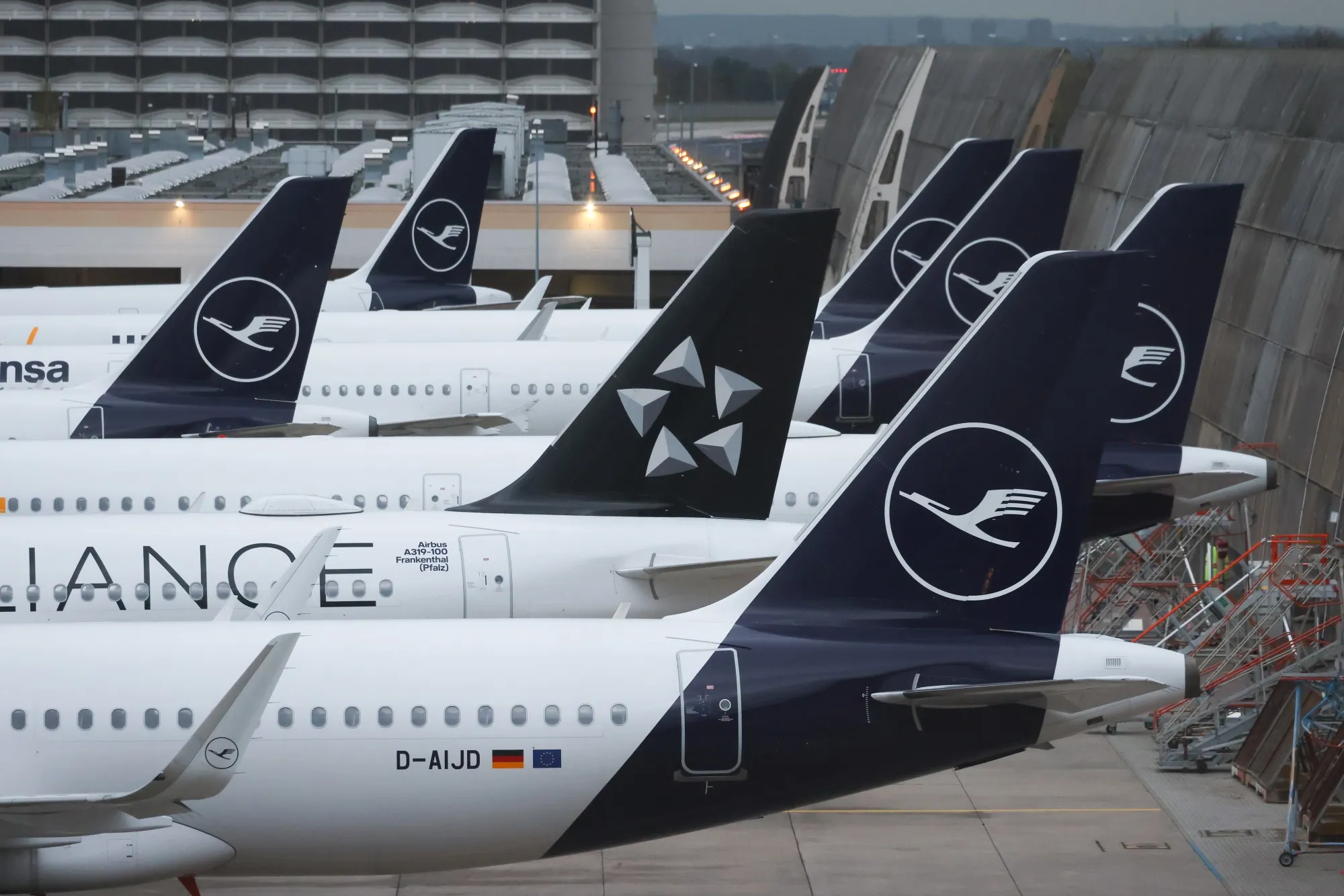 Lufthansa passenger jets grounded during a cabin crew strike in April.
