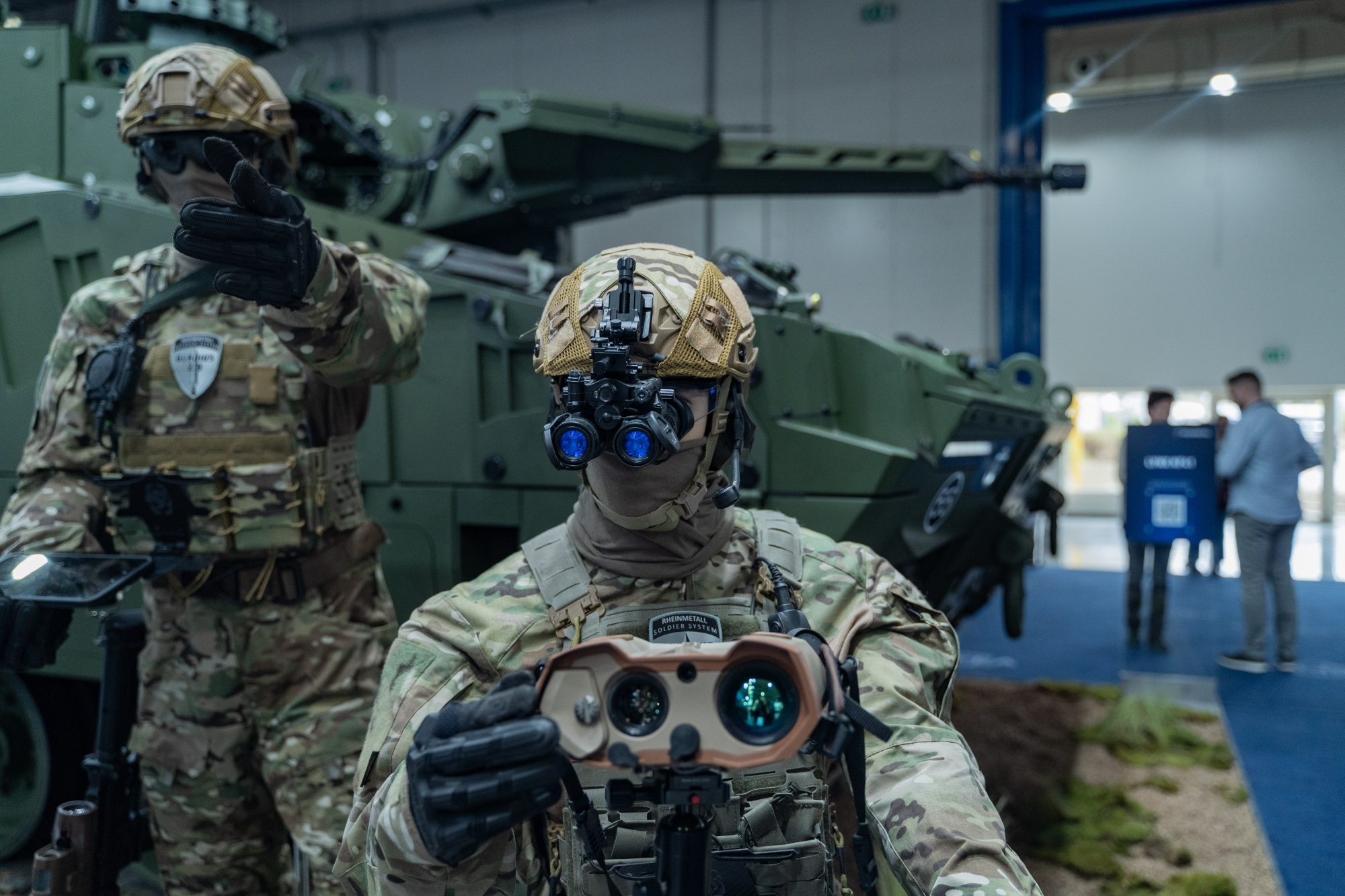 Battlefield equipment at the Rheinmetall AG pavilion at the DEFEA international defense exhibition in Athens.