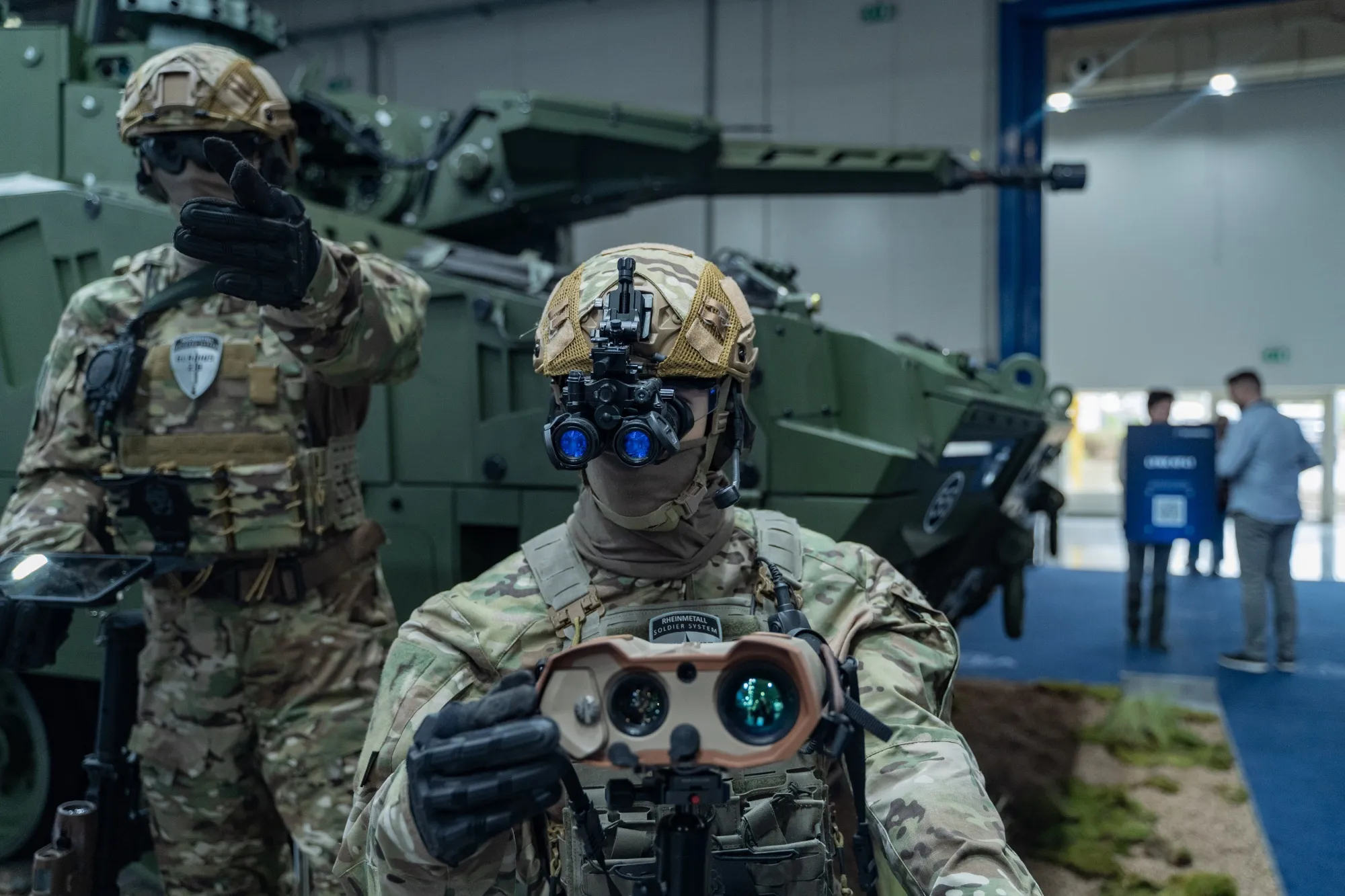 Battlefield equipment at the Rheinmetall AG pavilion at the DEFEA international defense exhibition in Athens.