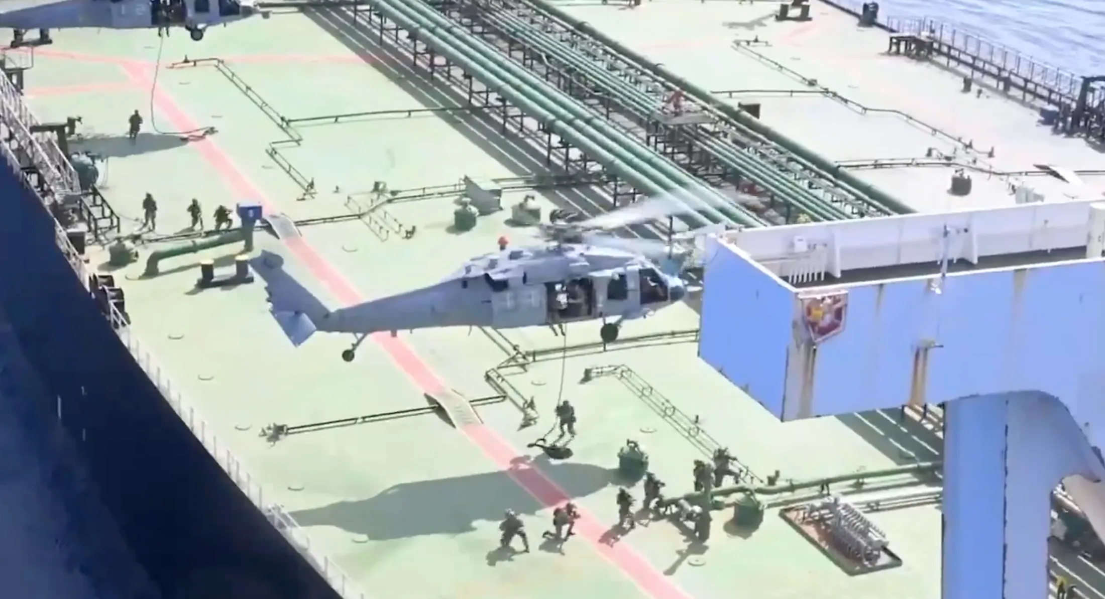 US forces board the Majestic oil tanker in the Indian Ocean, in a still from video released by the US Department of Defense&nbsp;on April 23.