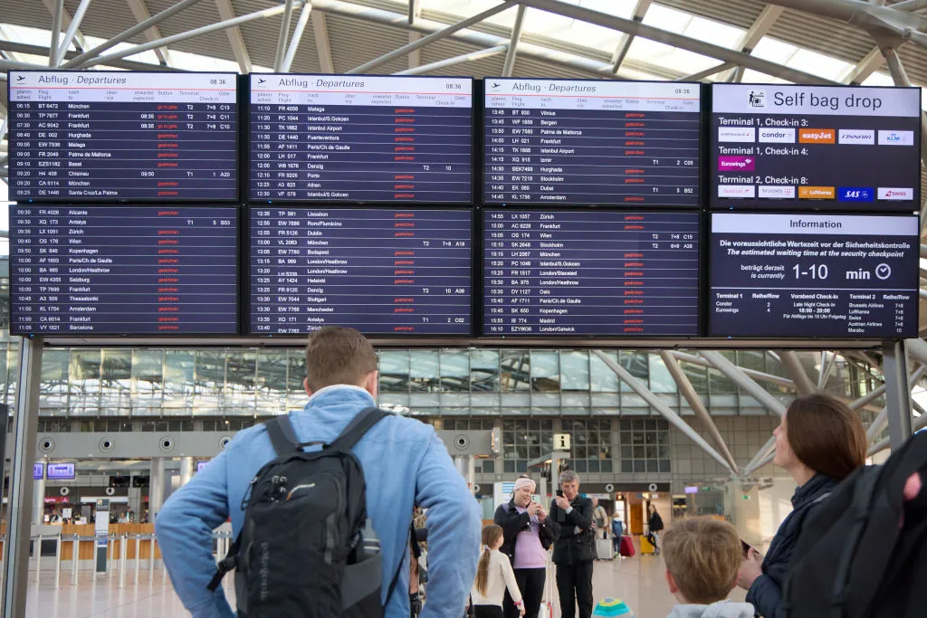 Flight cancellations on display boards at Hamburg Airport, March 9.