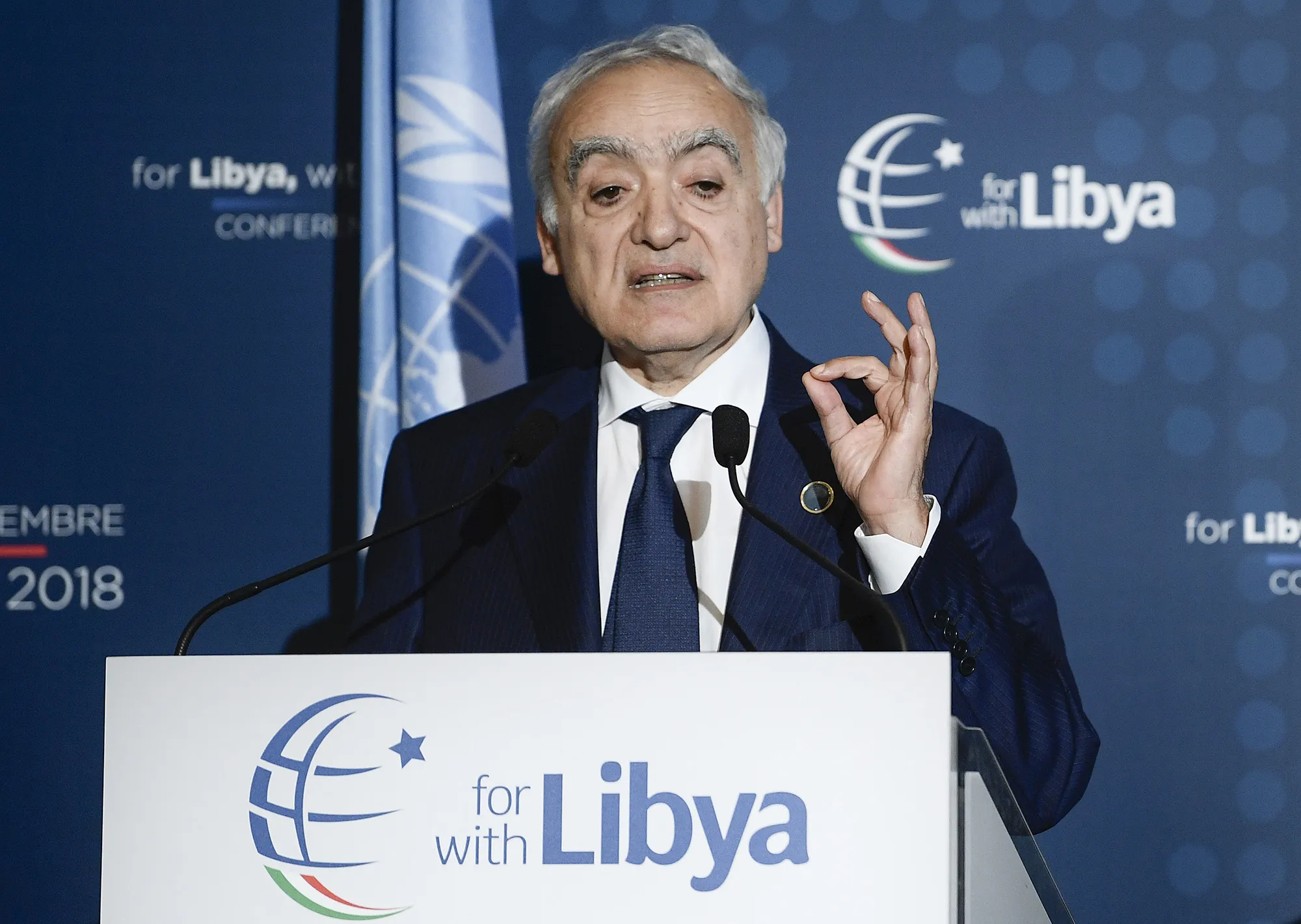 UN Special Envoy for Libya Ghassan Salame speaks in Palermo on Nov. 3, 2018.