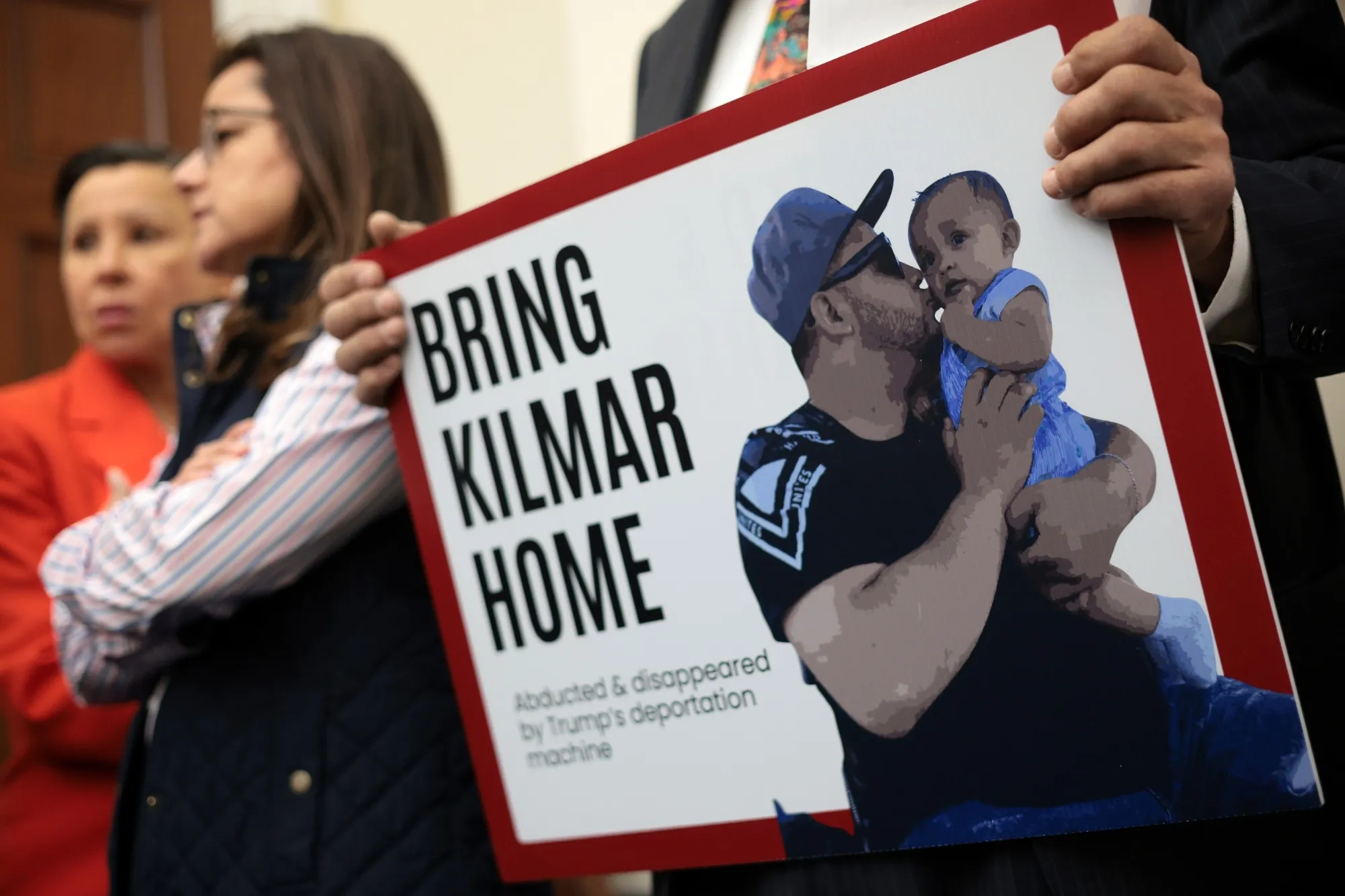 A placard featuring Kilmar Abrego Garcia during a news conference in Washington, DC, on April 9. 