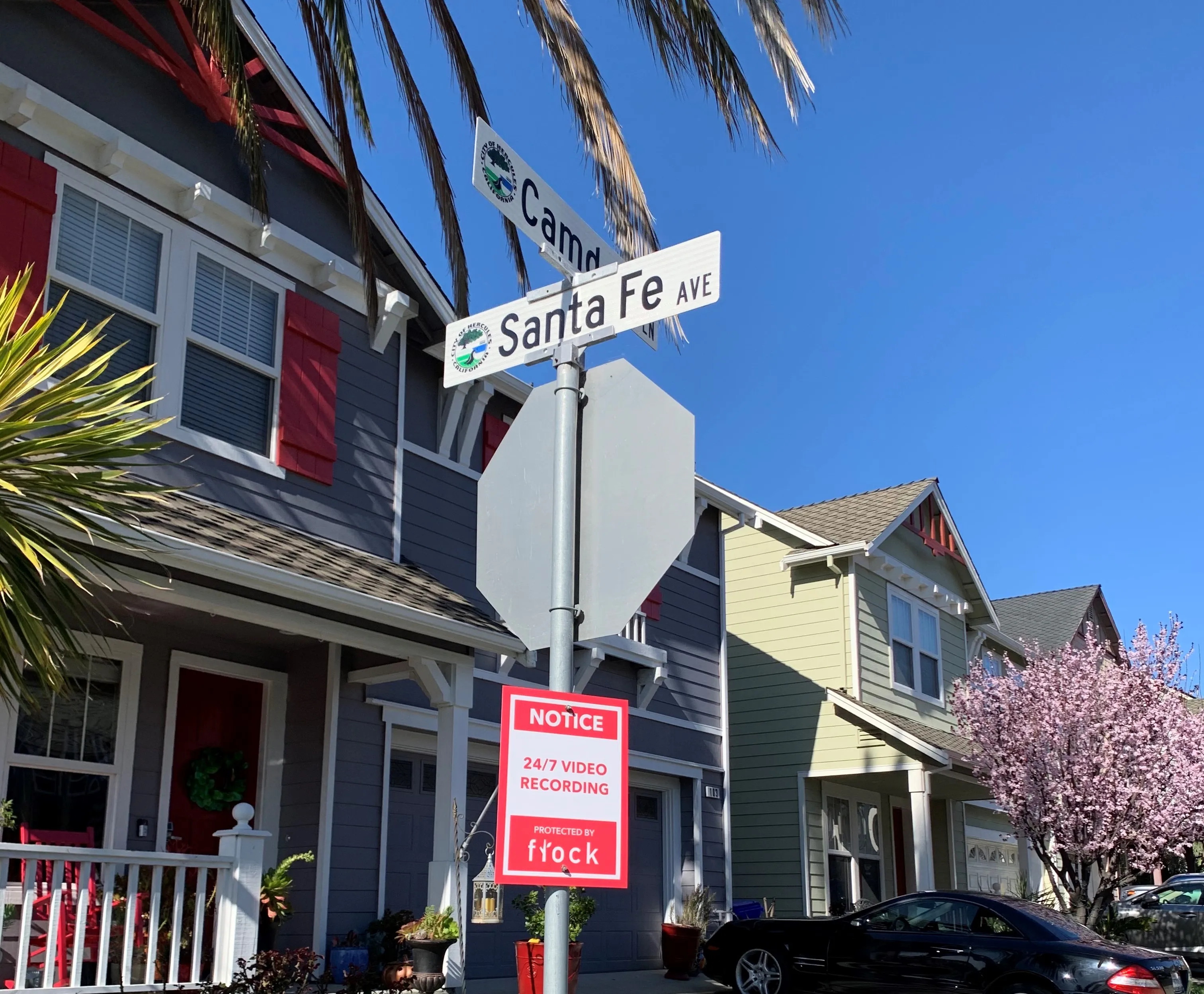 A Flock Safety sign in&nbsp;a Northern California neighborhood alerts residents and visitors that they’re on camera.