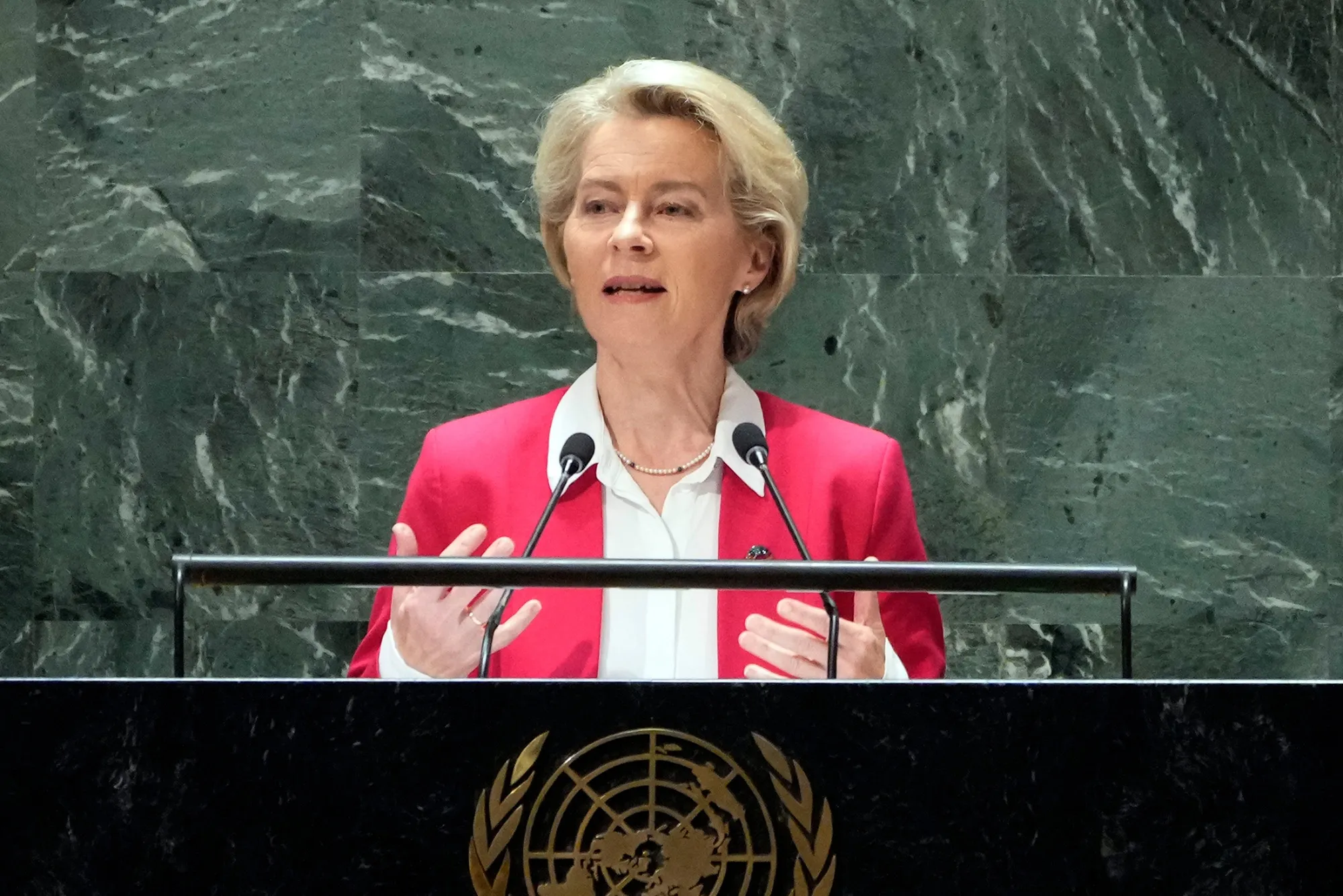 President of the European Union Ursula von der Leyen addresses the United Nations Sustainable Development Forum, Monday, Sept. 18, 2023. (AP Photo/Richard Drew)