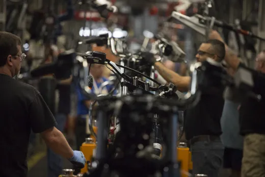 Uneasy rider: a&nbsp;Harley-Davidson production line in Pennsylvania.