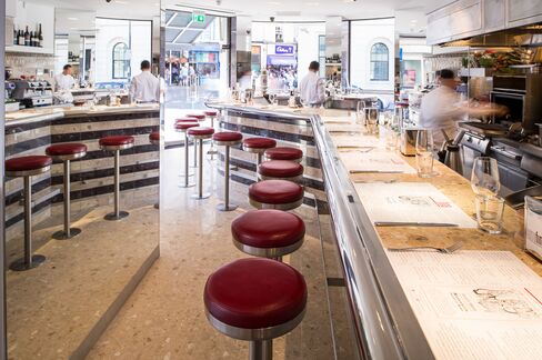 The counter-style dining room of Barrafina. Come early as they don't accept reservations.