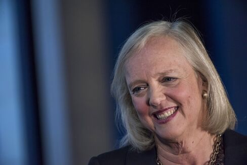 Meg Whitman, chief executive officer of Hewlett-Packard Co., smiles during a Bloomberg Studio 1.0 interview.