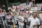 TOKYO, JAPAN - JUNE 19: Anti-U.S. airbase demonstrators protest the U.S. Airbase relocation to Henoko in front of the Japanese Parliament in Tokyo, Japan on June 19, 2016. Protests over the US military presence in Japan have grown more intense over past days due to previous incidents including the alleged rape of a Japanese woman and drunk driving in Okinawa by American military personnel. (Photo by Nicolas Datiche/Anadolu Agency/Getty Images)