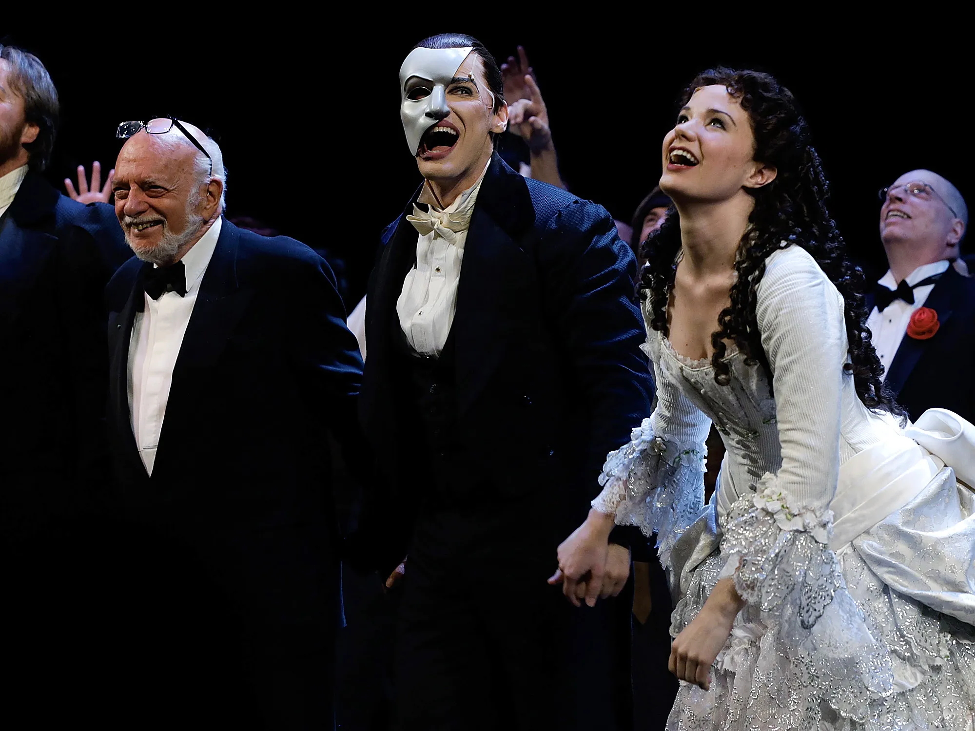 Hal Prince, left, after a performance of “The Phantom Of The Opera” in New York on Jan. 26, 2013.