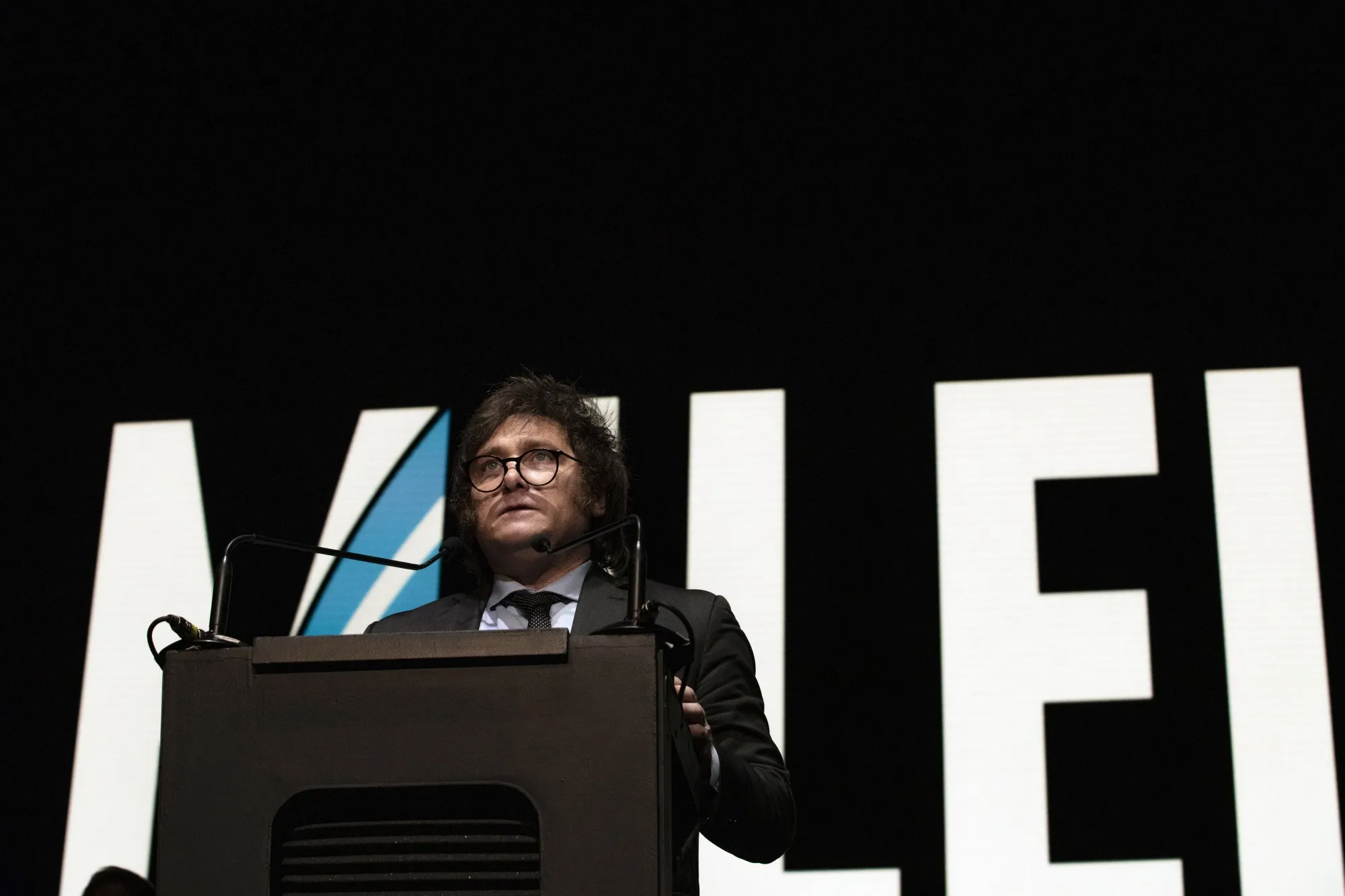 Javier Milei speaks during a closing campaign rally in Buenos Aires, Argentina, on Oct. 18, 2023.