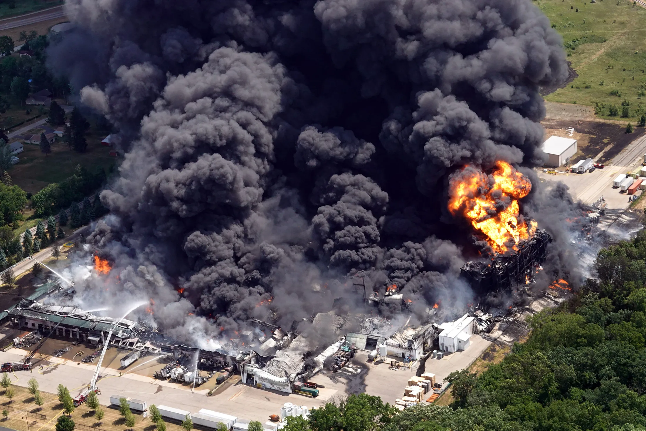 Firefighters&nbsp;battle a&nbsp;fire at Chemtool Inc.&nbsp;in Rockton, Illinois, on June 14.&nbsp;