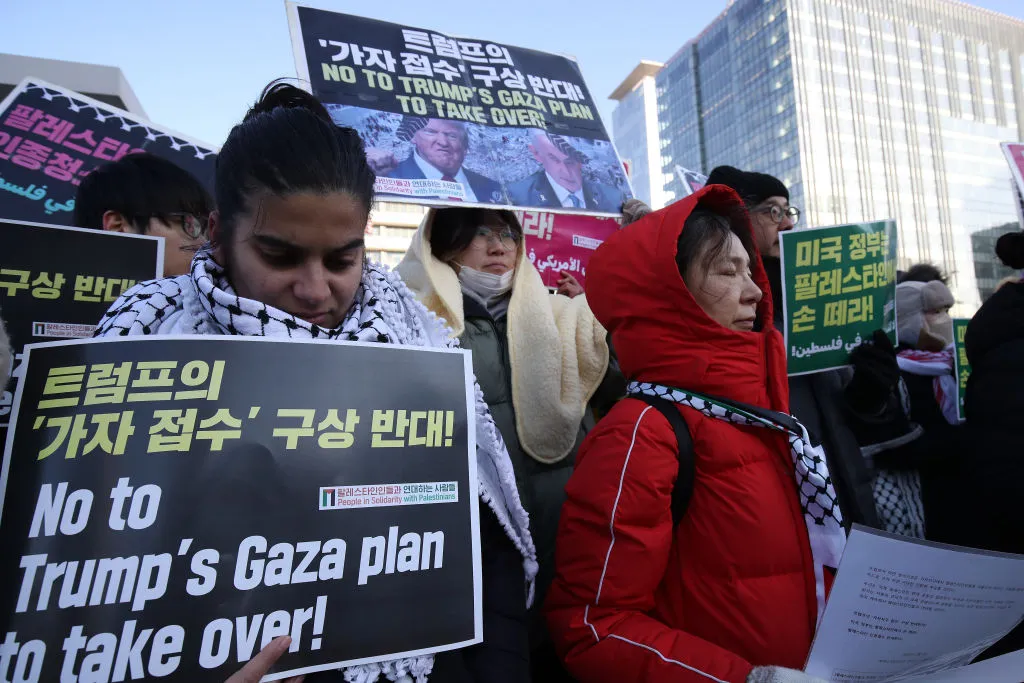 A protest in Seoul, South Korea,&nbsp;against Donald Trump’s suggestion that the US take over Gaza.