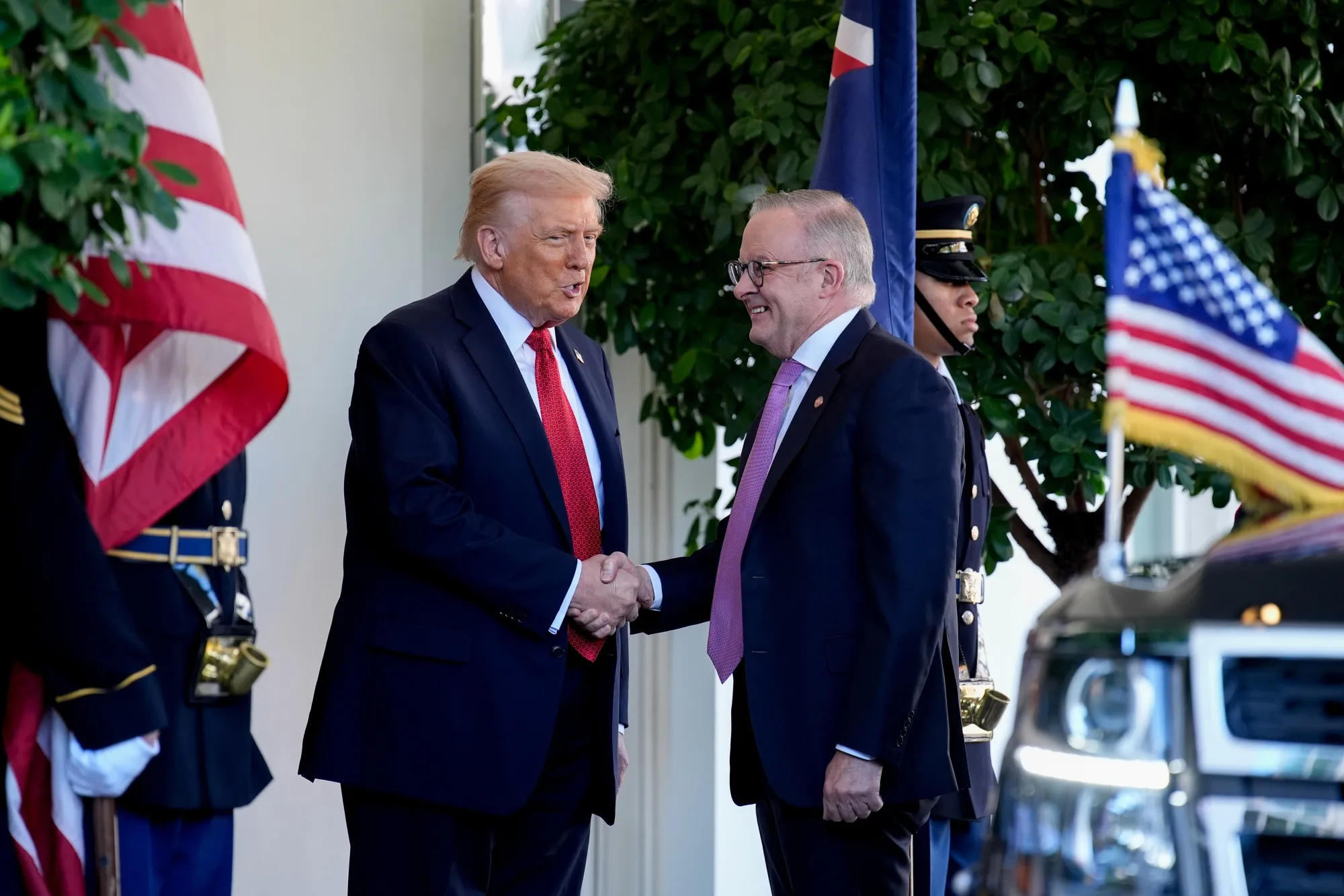 US President Donald Trump and Australia's prime minister Anthony Albanese shake hands outside the West Wing of the White House in Washington on&nbsp;Oct. 20.