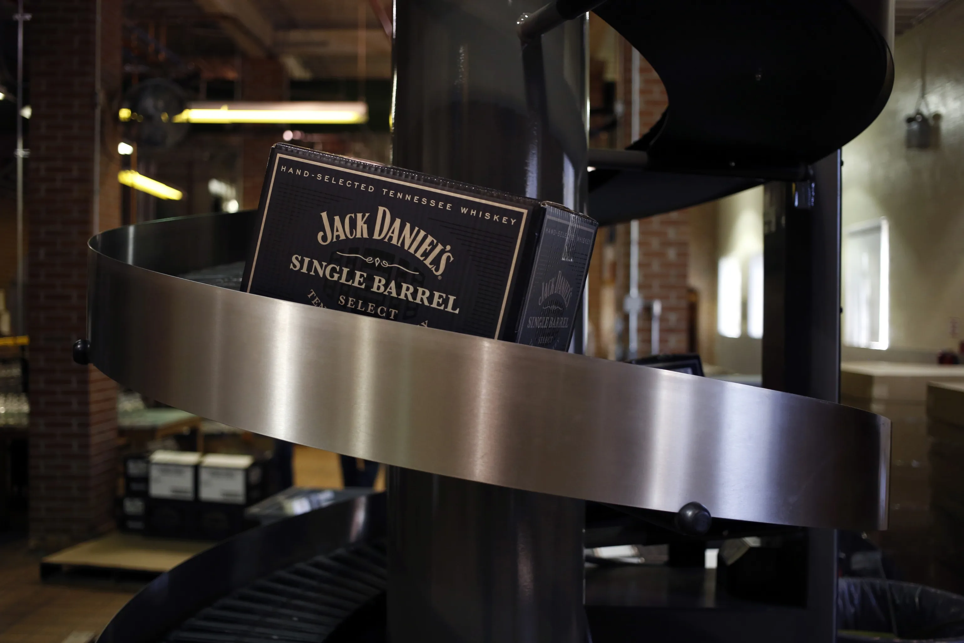 A case of Jack Daniel's Tennessee Whiskey moves up a conveyor belt at Jack Daniel's Distillery in Lynchburg, Tennessee.